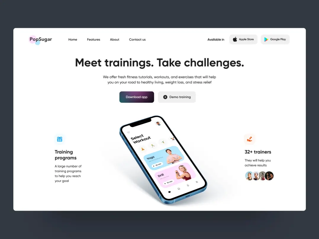 A training mobile app landing page design. It features a “Meet trainings. Take challenges” slogan, below there are “download app” and “demo training” buttons. Also, there is a screenshot of a mobile app itself.