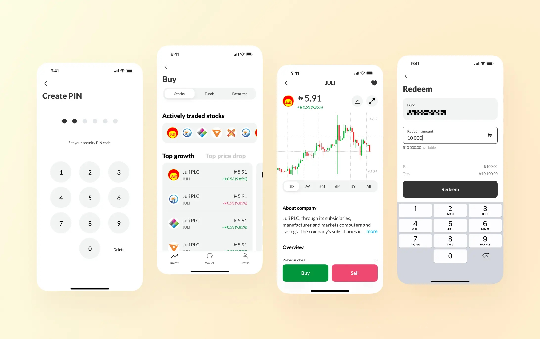 Stock trading app screens: PIN setup, buy stocks, price chart, and fund redemption