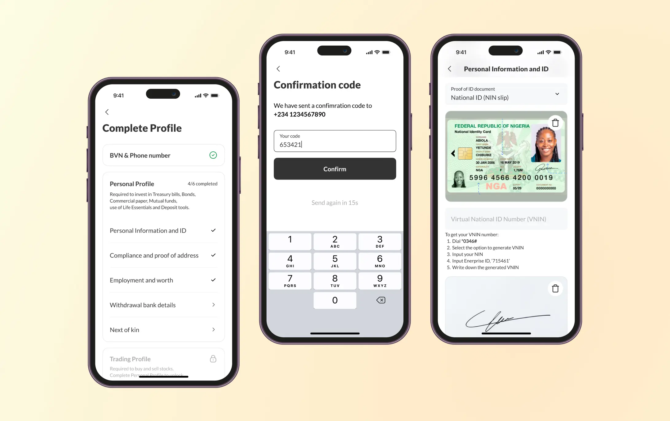 KYC onboarding screens: profile completion, confirmation code, and ID verification