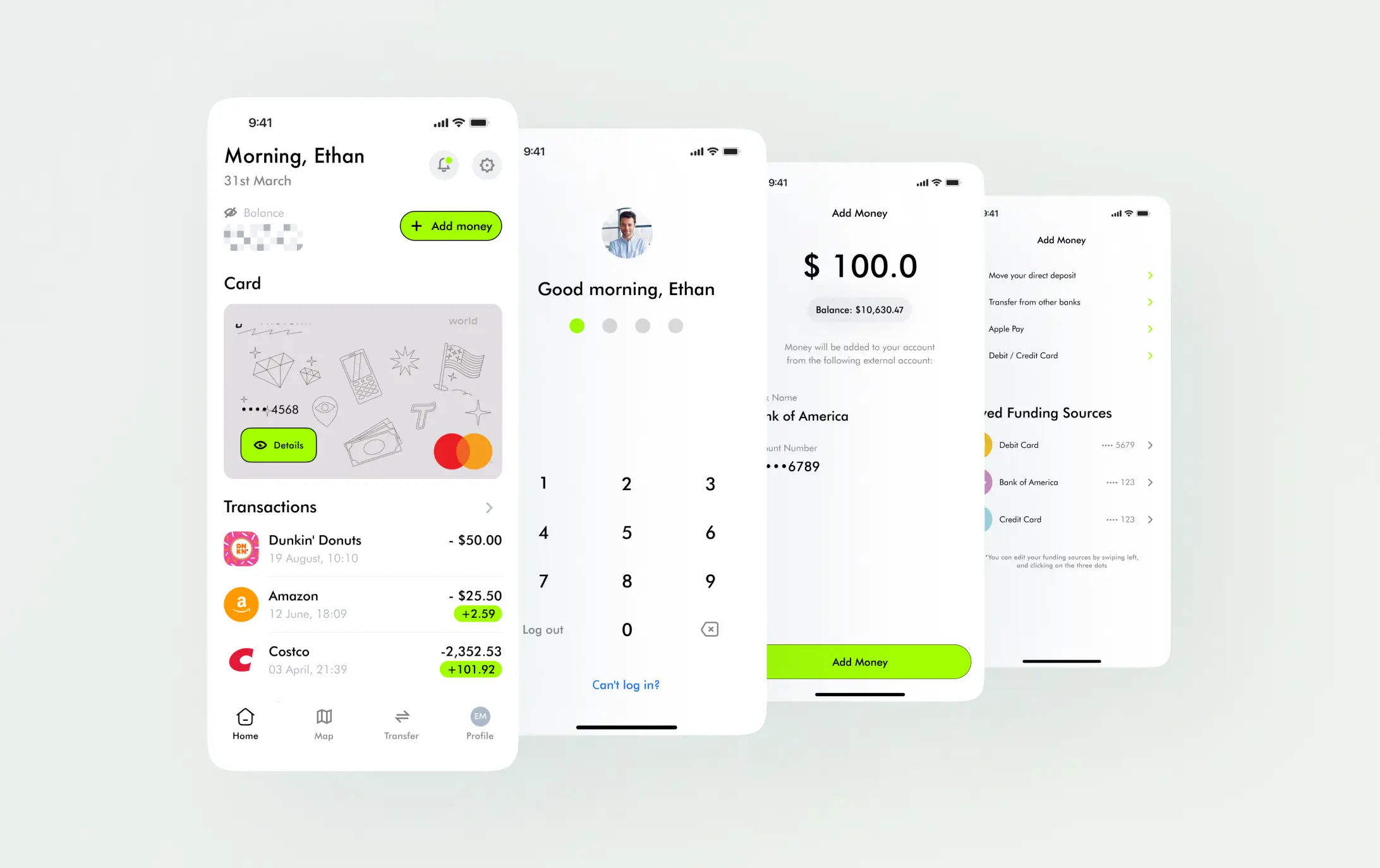 Neobank app screens: account balance, login, add money, and funding sources