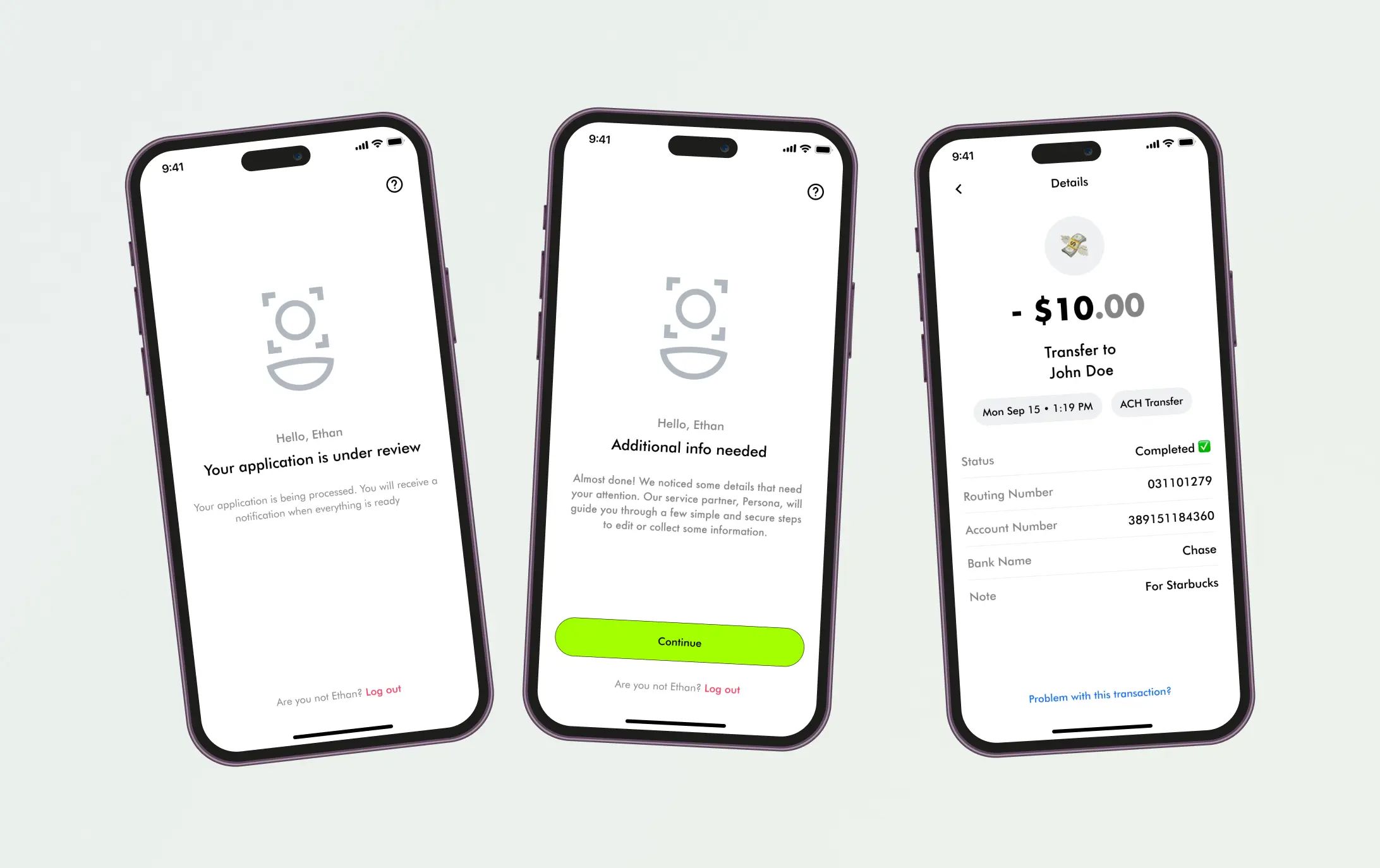 Neobank app screens: application under review, KYC info needed, and transfer details