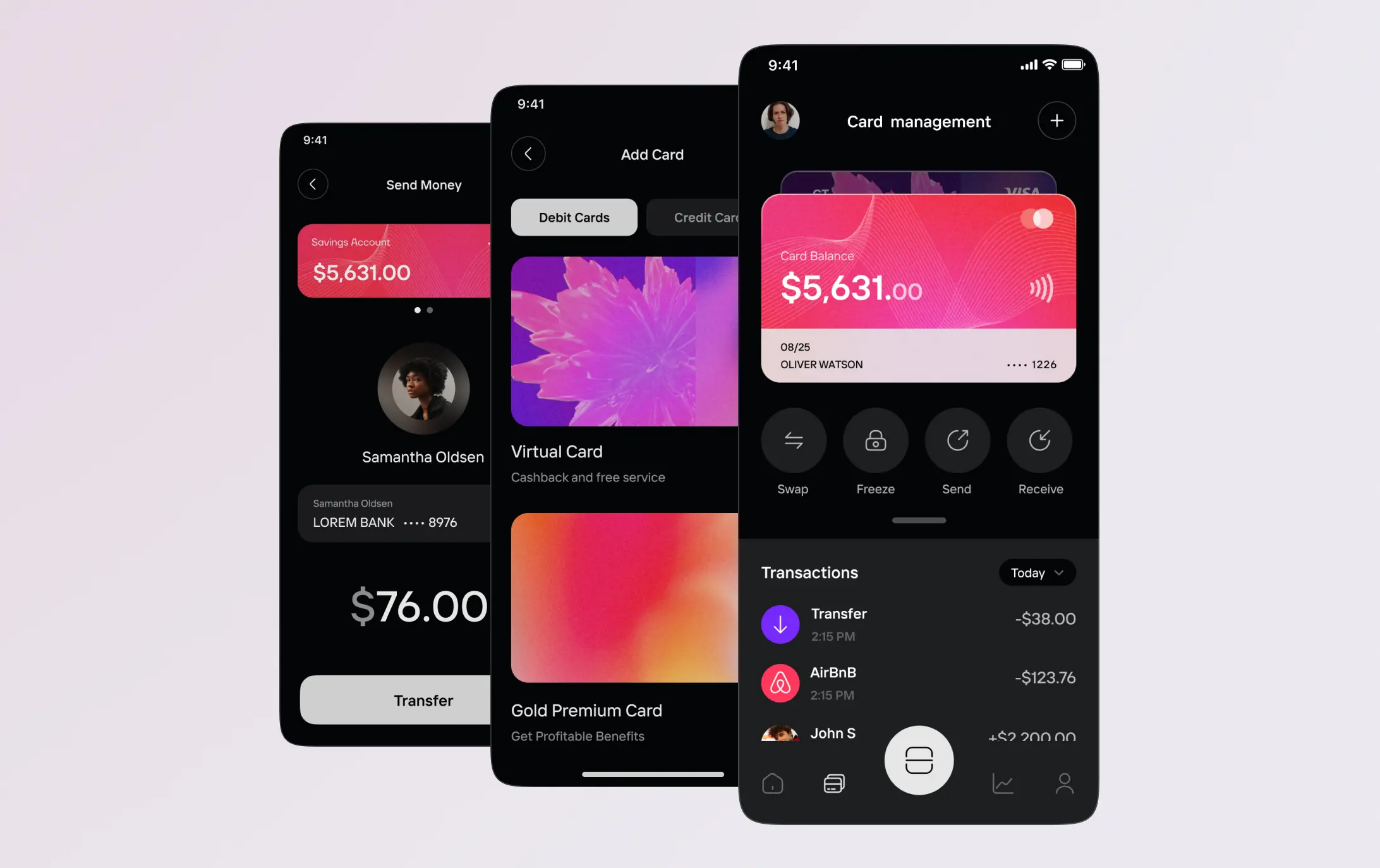 Neobank app dark-theme screens: send money, add card, and card management dashboard