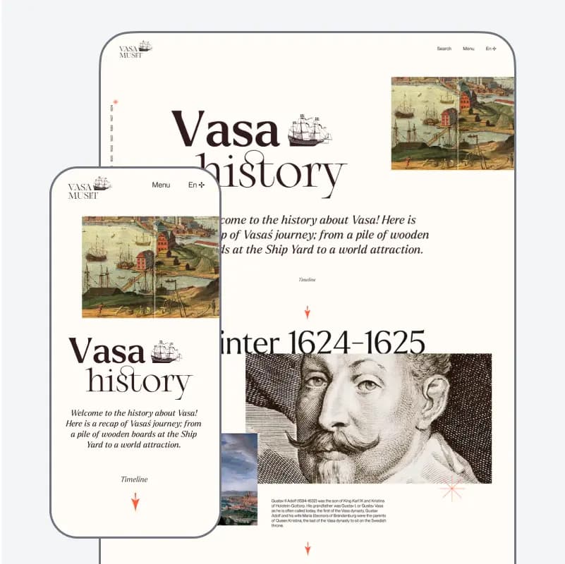 The mobile and web versions of the Vasa museum website design, both displaying the Vasa history page with layouts optimized for their respective screen sizes.