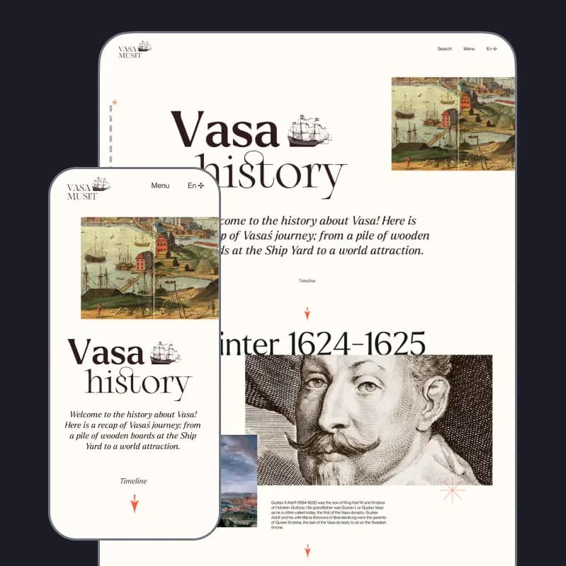 The mobile and web versions of the Vasa museum website design, both displaying the Vasa history page with layouts optimized for their respective screen sizes.