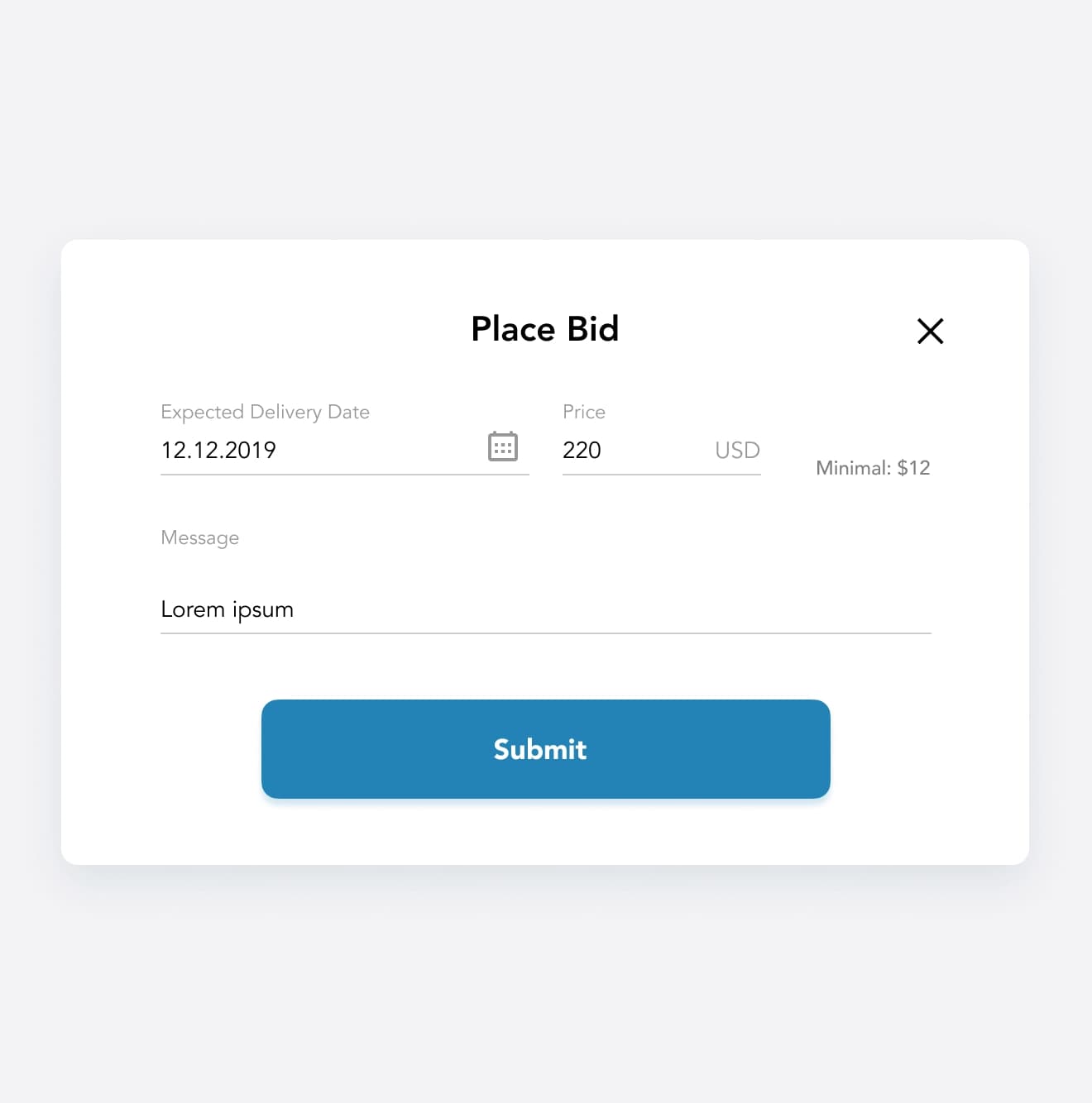 The frame demonstrates a process for placing a bid, where a user can choose expected delivery date, set price, add a short message, and submit the bid.