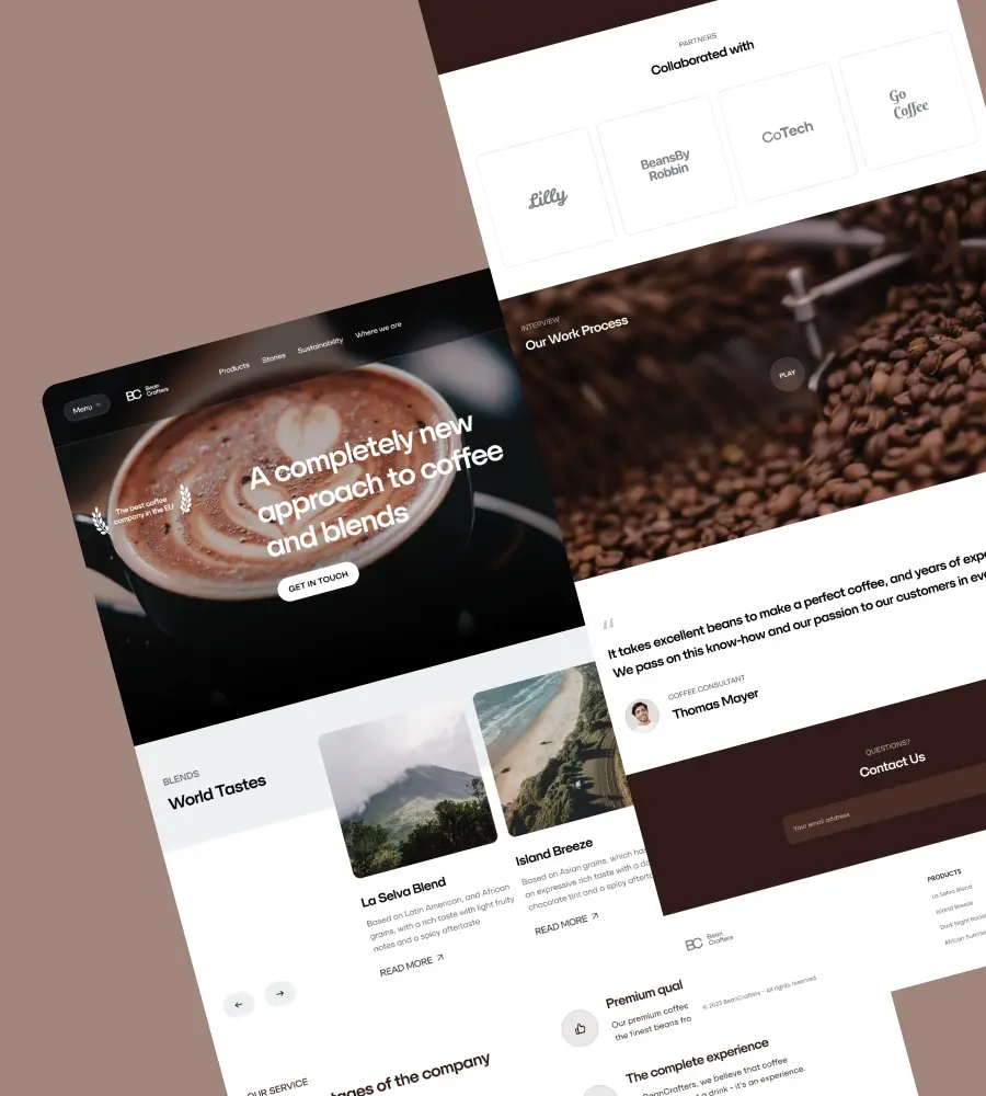 The image shows website design for a coffee roasting company. The hero page, highlighting the company's experience, is designed in a monochromatic color scheme, with a strong emphasis on imagery.