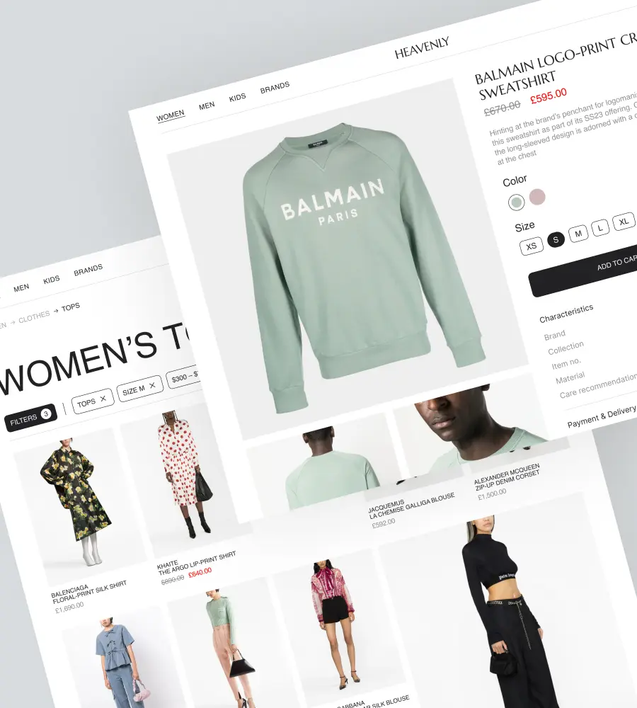 Screenshots of&nbsp;a clothing marketplace website. the&nbsp;first screenshot displays a&nbsp;catalog of&nbsp;women's clothing, the&nbsp;second screenshot showcases a&nbsp;detailed product page for&nbsp;a&nbsp;Balmain sweatshirt.