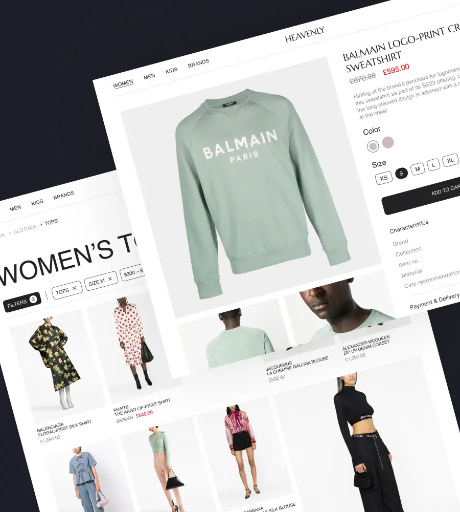 Screenshots of&nbsp;a clothing marketplace website. the&nbsp;first screenshot displays a&nbsp;catalog of&nbsp;women's clothing, the&nbsp;second screenshot showcases a&nbsp;detailed product page for&nbsp;a&nbsp;Balmain sweatshirt.