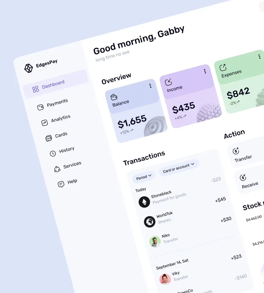 The screenshot shows the dashboard of a personal finance web app. It features a greeting of "Good morning, Gabby" along with an overview of the latest transactions and financial data. On the left side of the screenshot, a menu displays the following options: Dashboard, Payments, Analytics, Cards, History, Services, and Help.