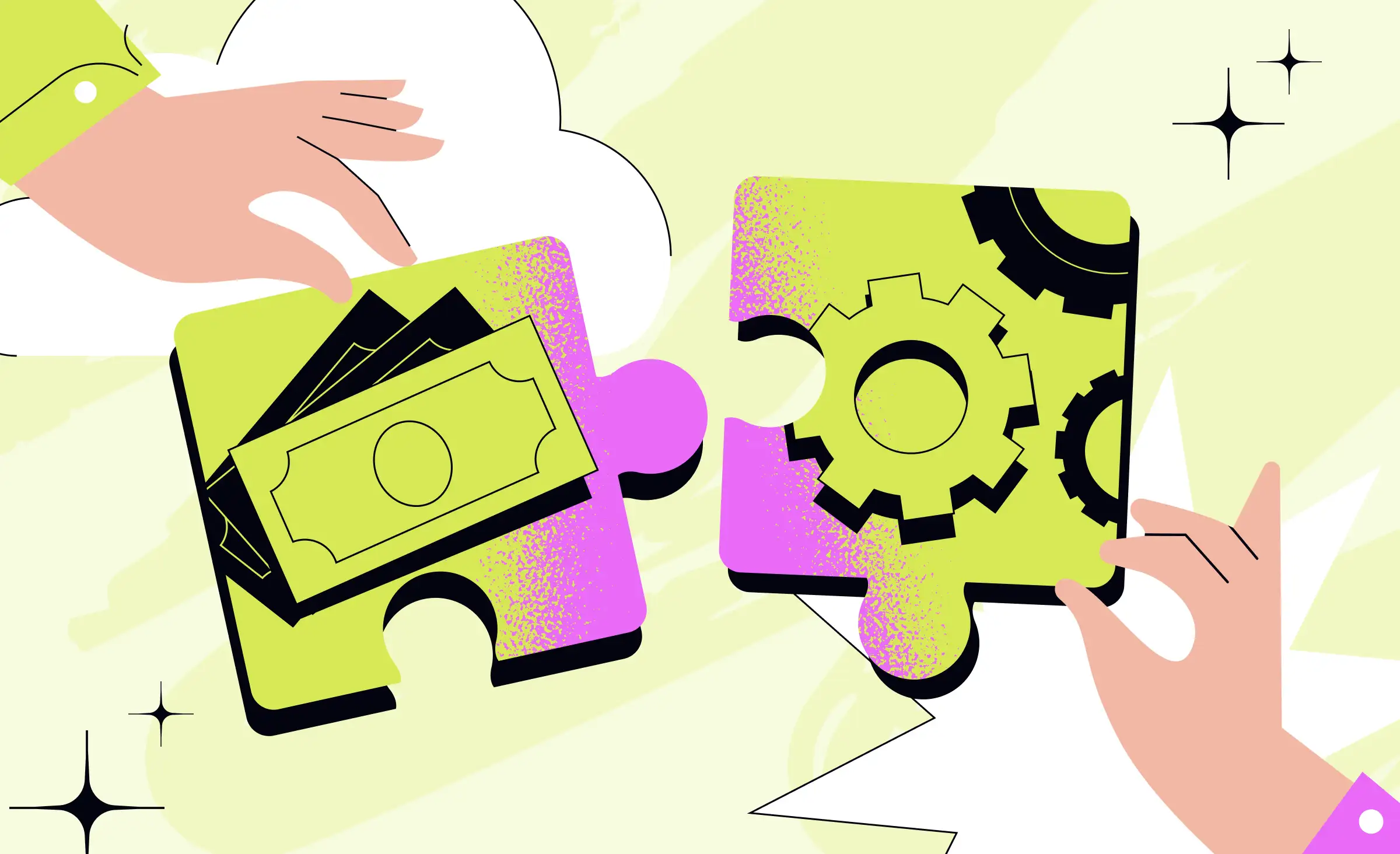 Two hands holding puzzle pieces, one with dollar bills and the other with gears, coming together to illustrate product-market fit tech strategy startup.