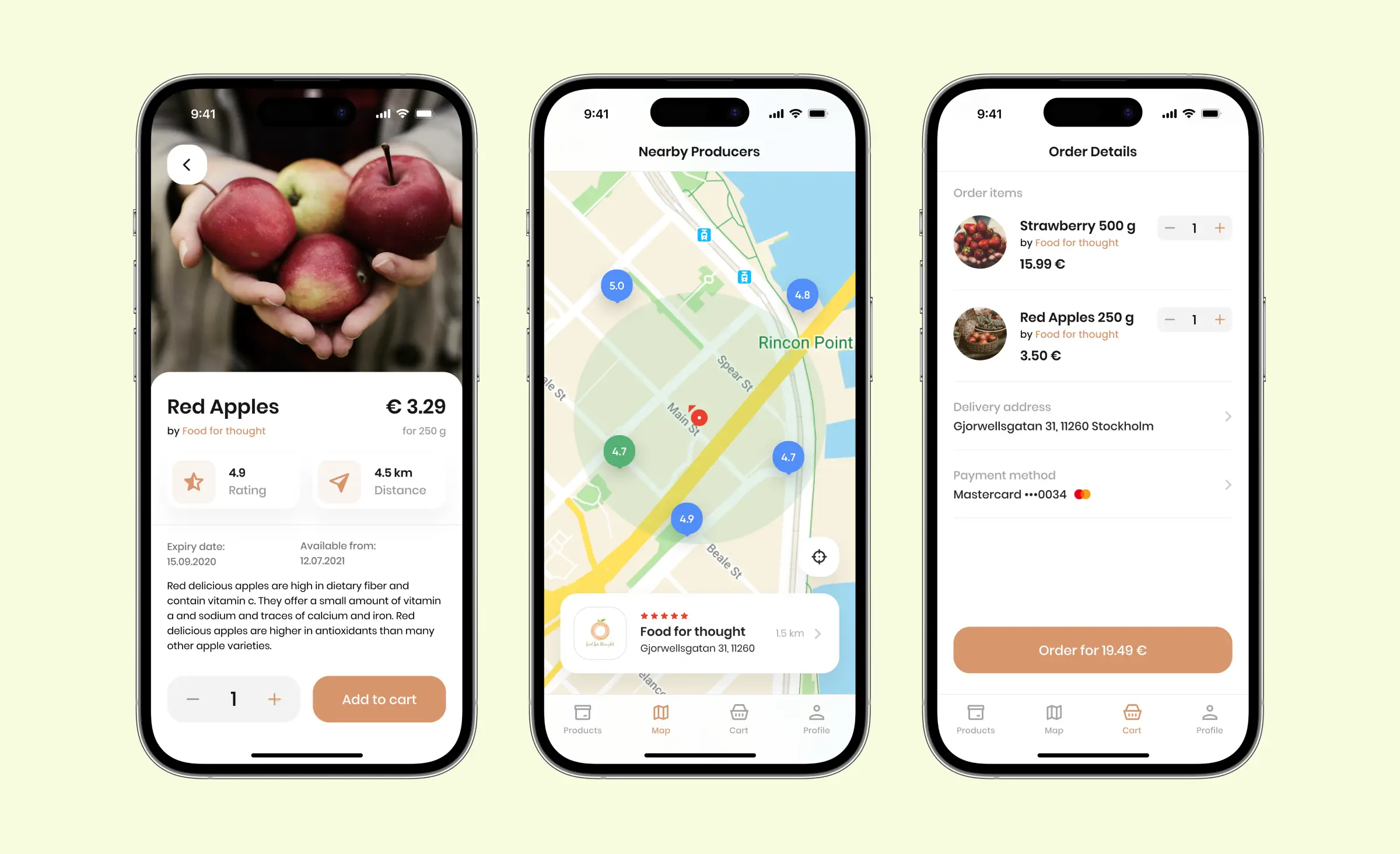 Three mobile phone screens showing a food marketplace app with apple product details, a map view of nearby producers, and an order summary with items and payment options.
