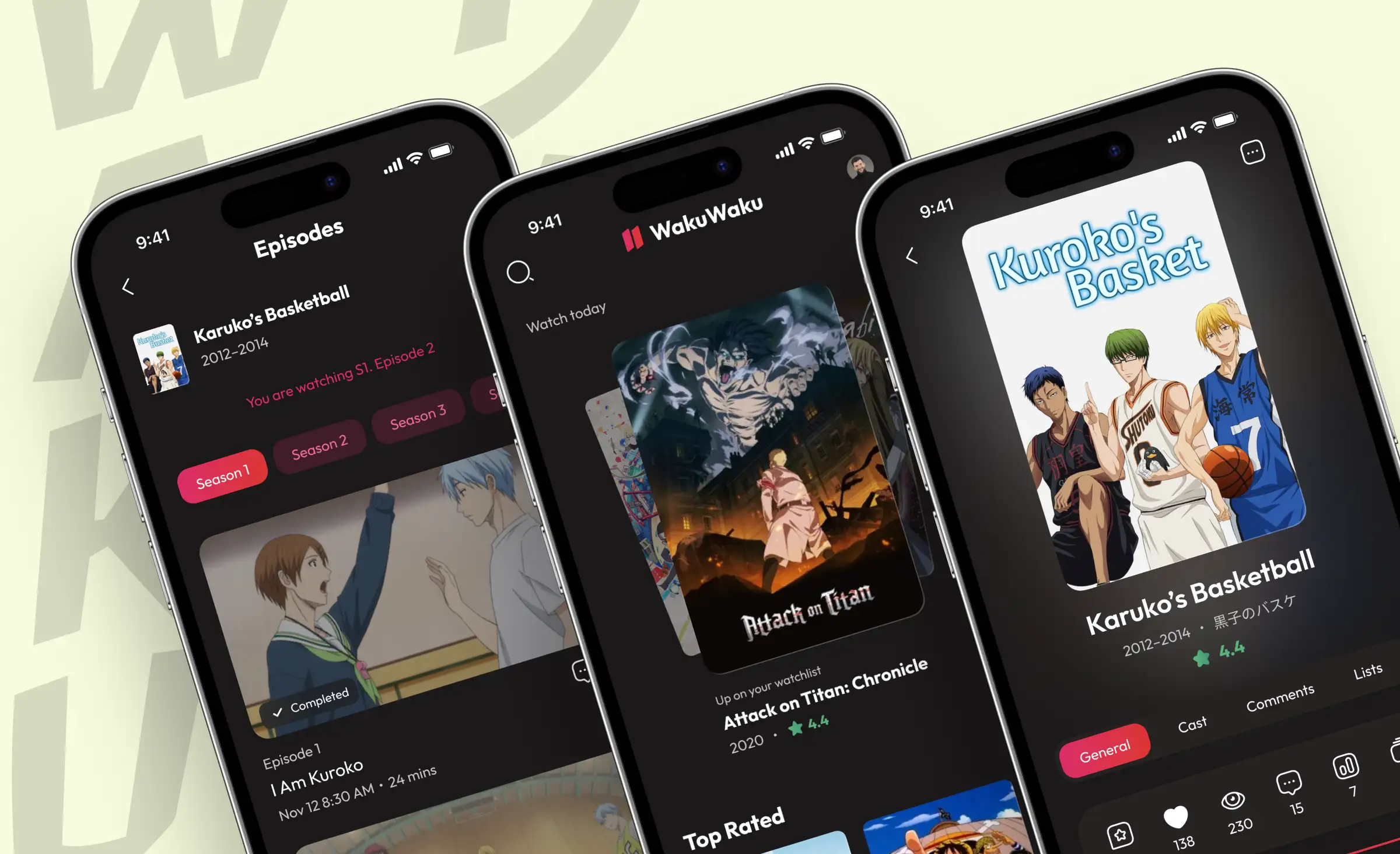 Screens of the Waku Waku anime community app