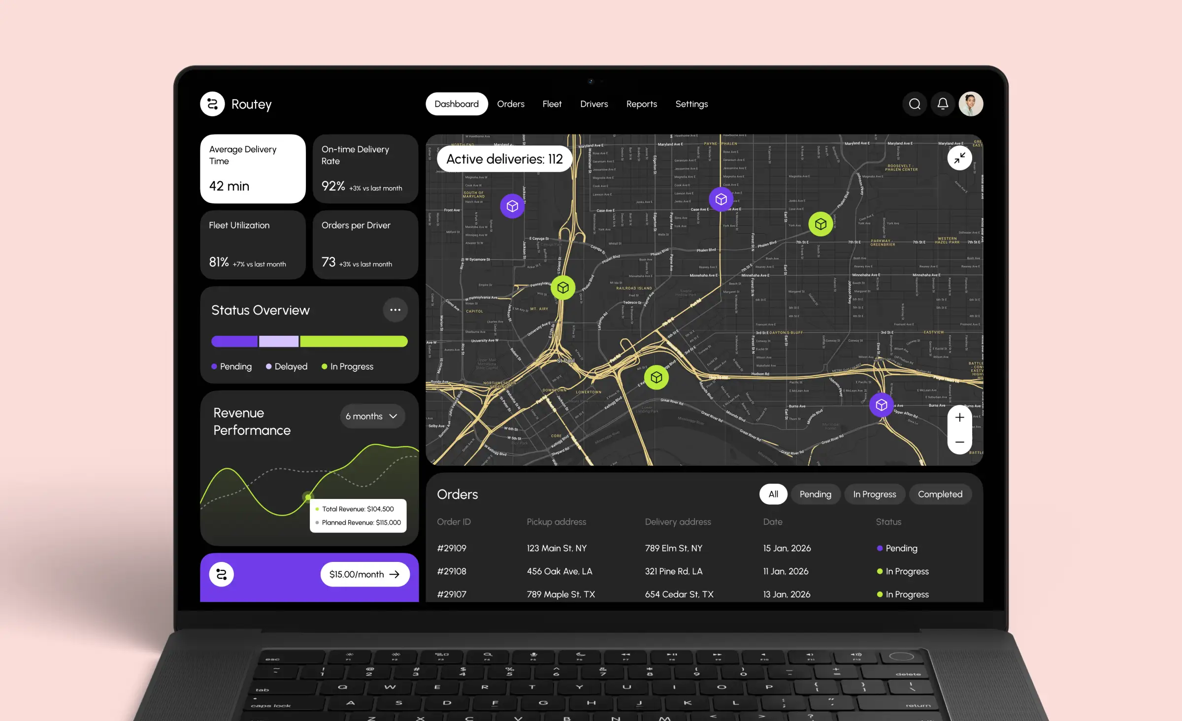 Laptop screen displaying a delivery management dashboard with real-time map, delivery stats, and order status, representing AI for supply chain optimization through intelligent tracking and analytics.
