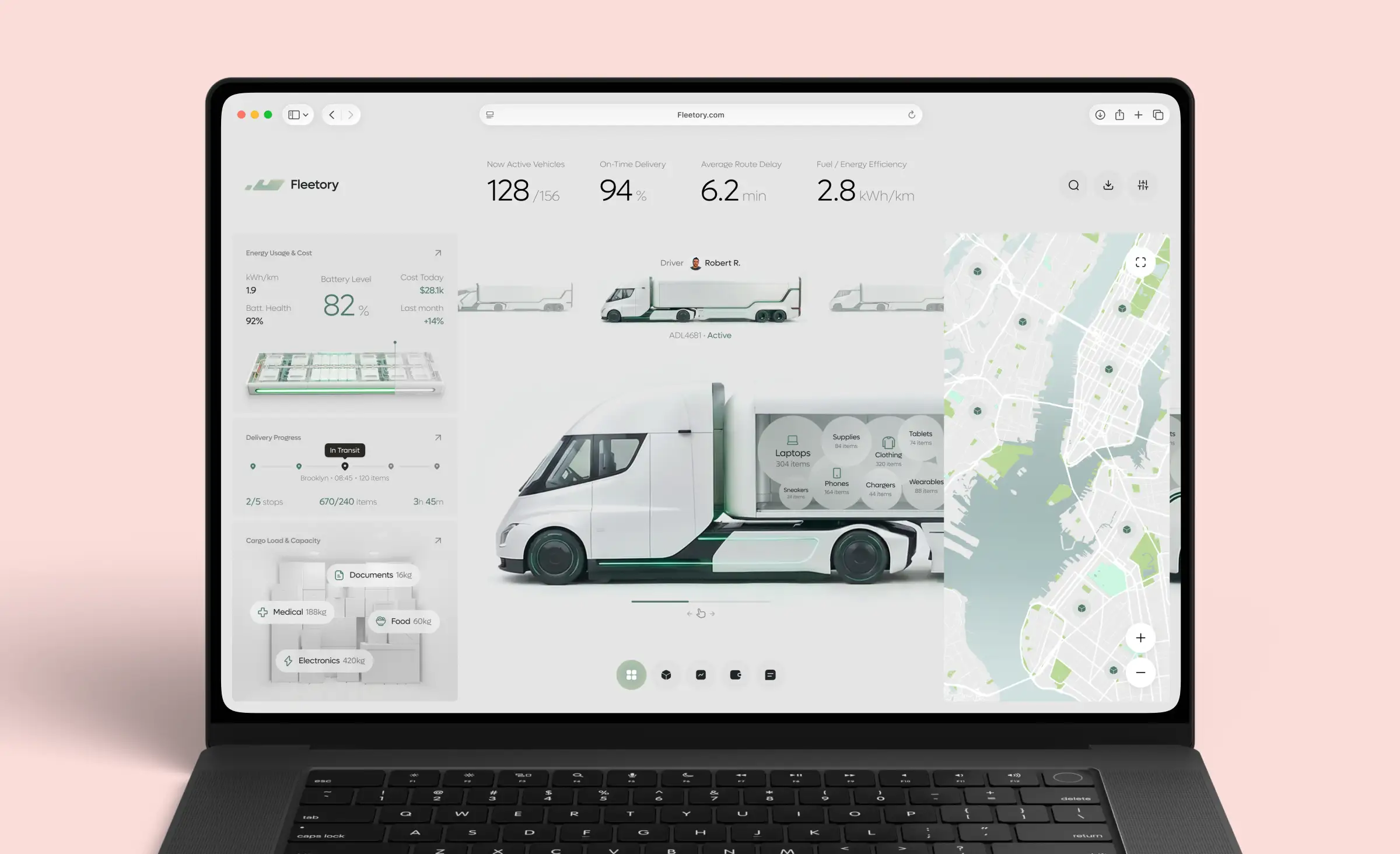 Laptop screen showing a fleet management interface with electric truck status, cargo details, energy efficiency, and a city map, illustrating AI for supply chain optimization in modern logistics and vehicle tracking.