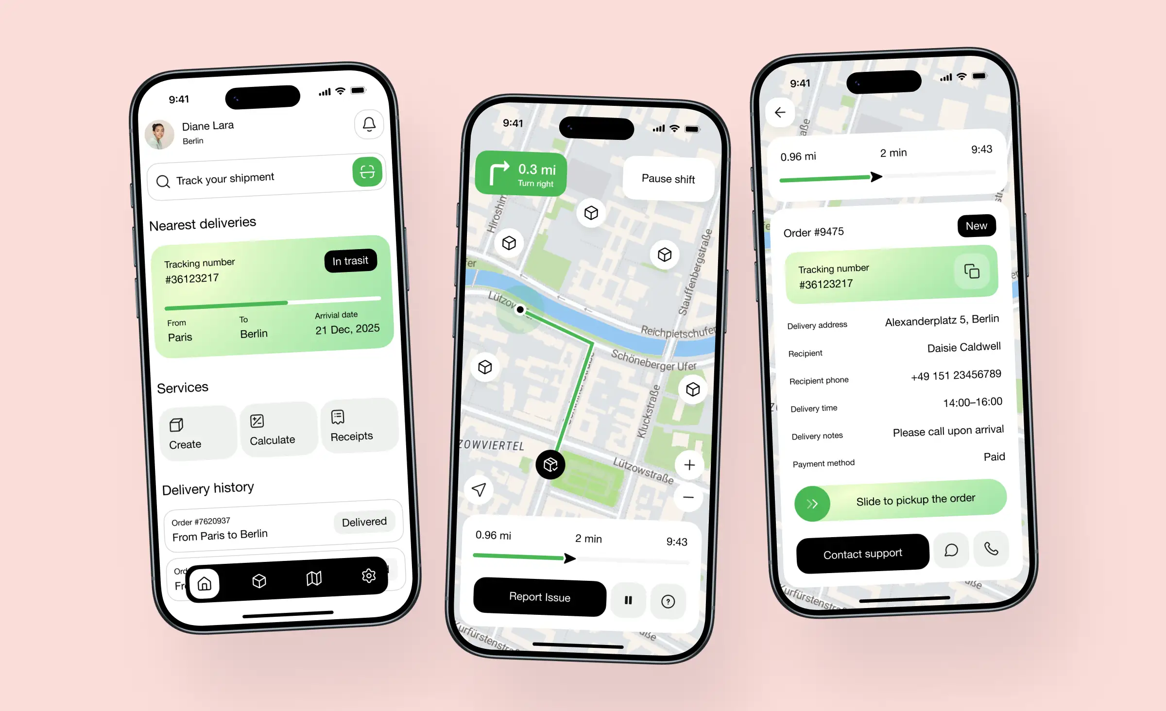 Three smartphones displaying a delivery tracking app with real-time maps, order details, and navigation, showcasing AI for supply chain optimization in mobile last-mile logistics management.