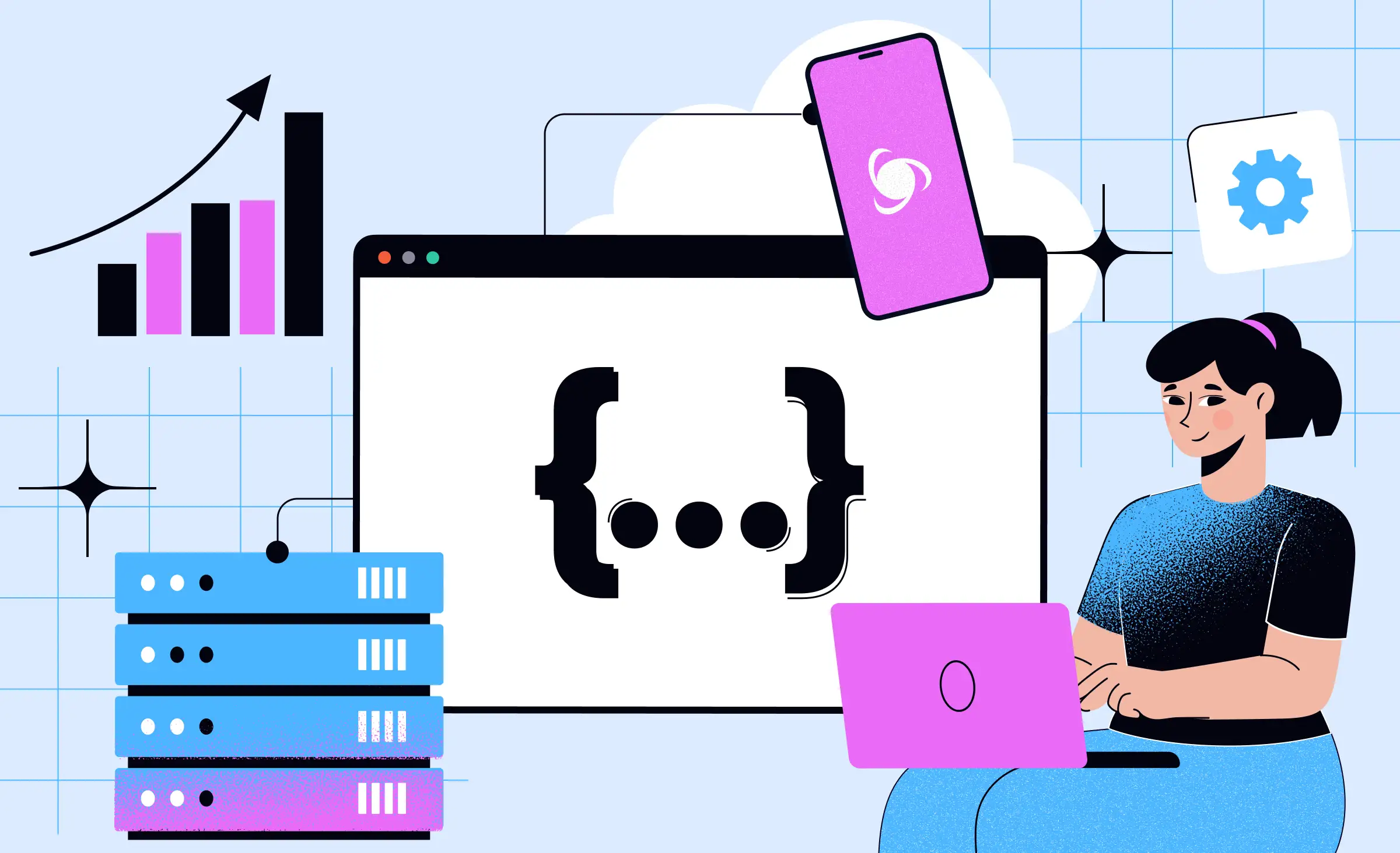 Illustration of a developer working on a laptop, with icons of a server stack, a mobile device, a cloud, a settings gear, and a rising bar graph around a central screen displaying API code brackets. The scene represents the API-first development strategy for scalable and connected digital solutions.