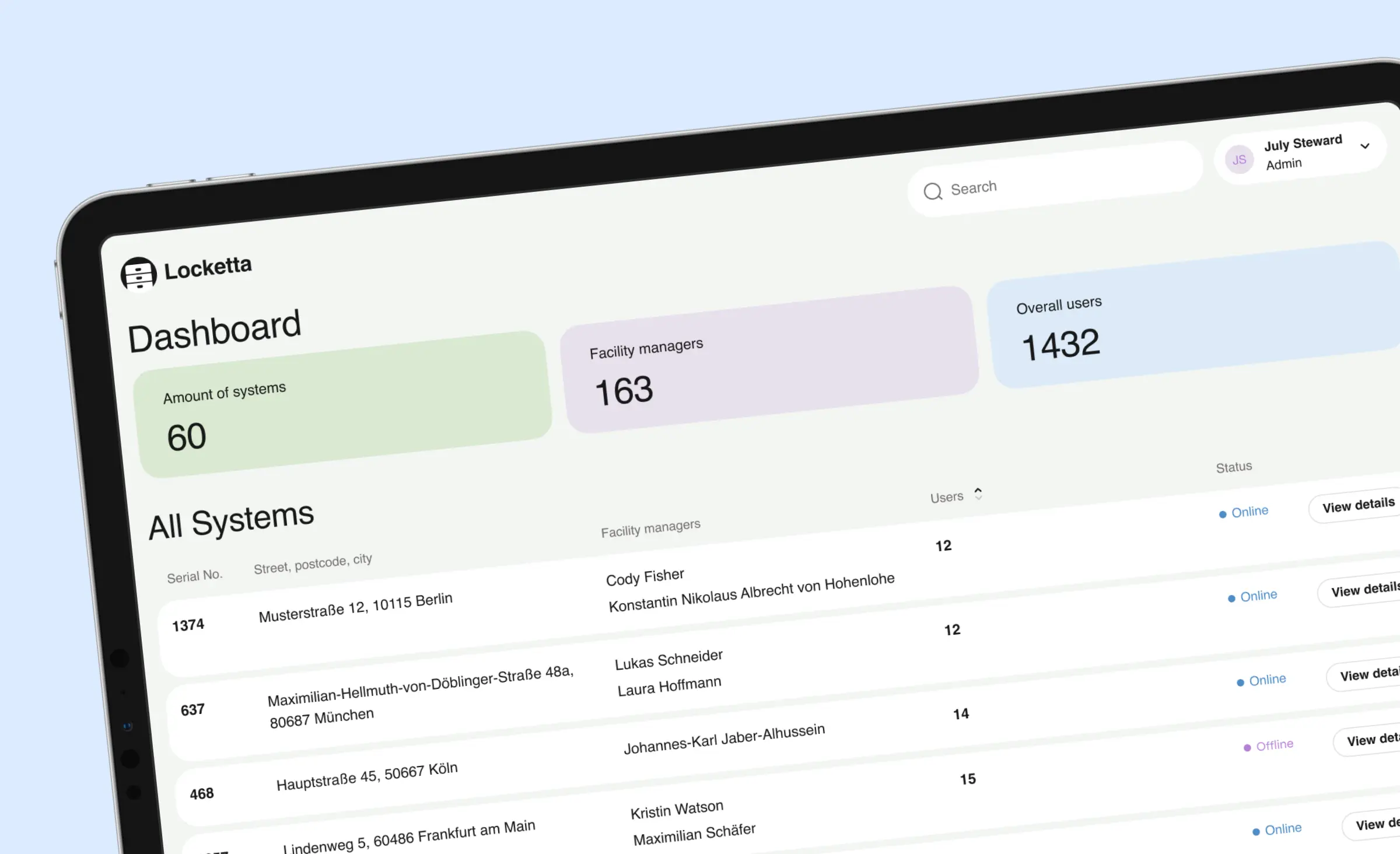 Screenshot of the admin dashboard for a secure locker management platform designed with an API-first development strategy. The interface displays system statistics, including the number of connected locker systems, facility managers, and users. System details such as locations, admin contacts, user counts, and real-time online/offline status are listed, illustrating how API integration supports modern, scalable retail operations.