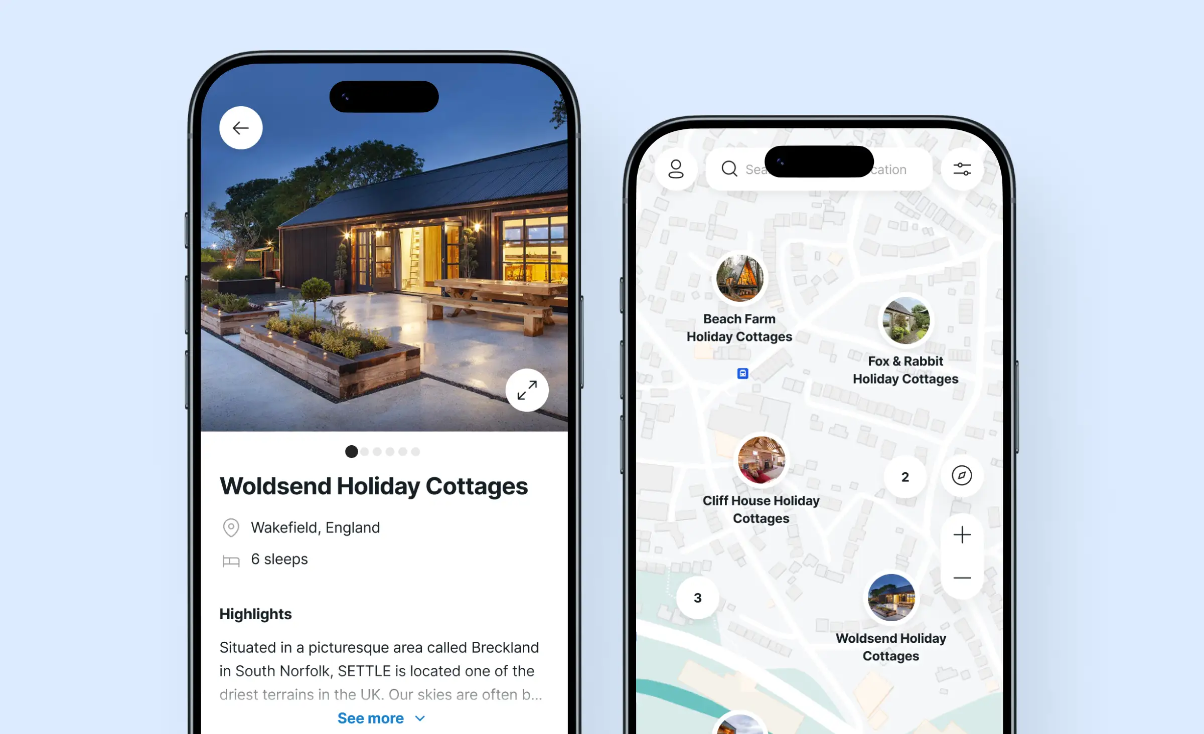 Screenshot of a mobile app for booking holiday stays. The left phone screen displays details and a photo of Woldsend Holiday Cottages in Wakefield, England, while the right screen shows a map view with locations and photos of various holiday cottages in the area.