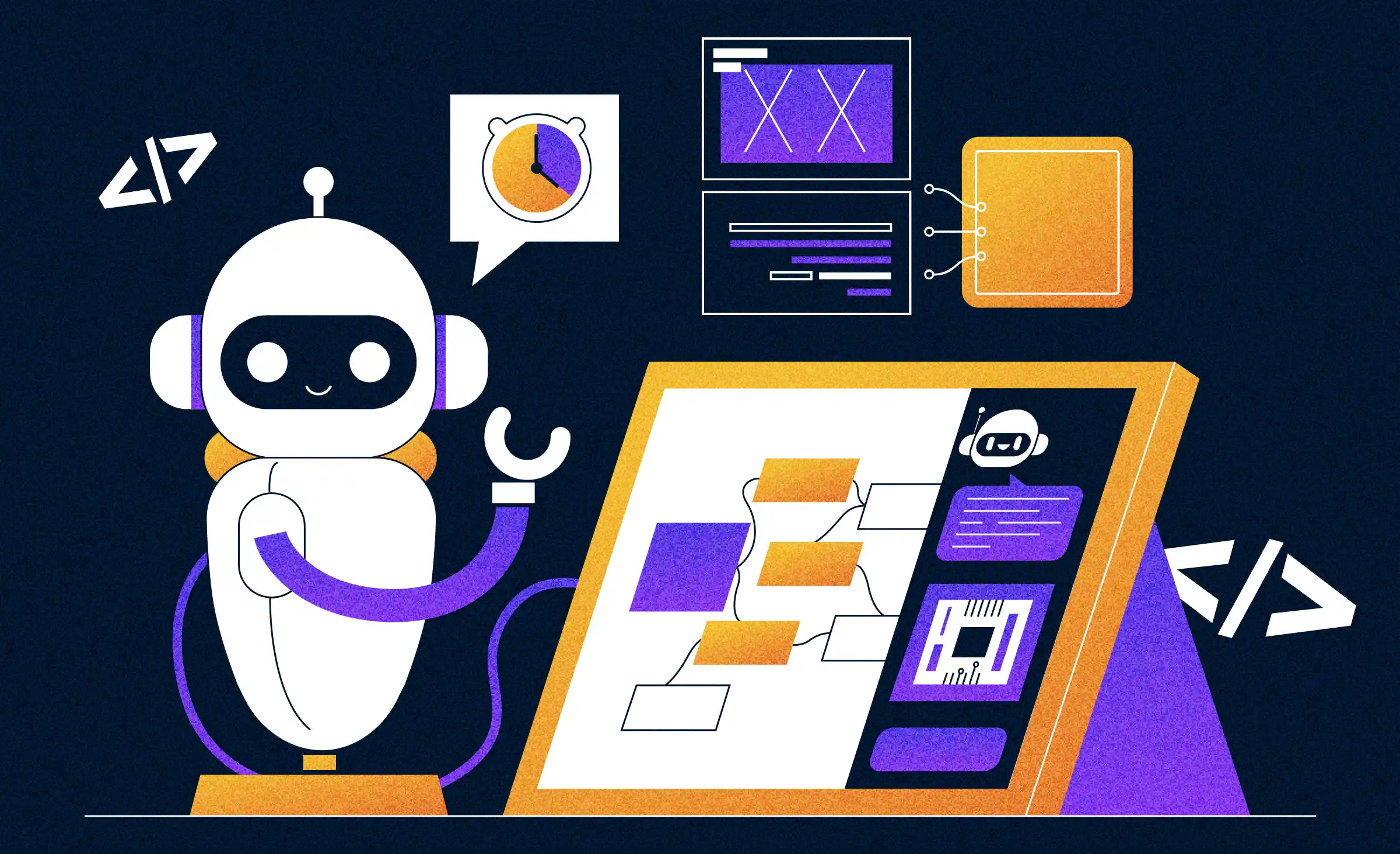 The cover depicts a&nbsp;robot managing processes on a&nbsp;screen, representing the&nbsp;role of&nbsp;enterprise AI software in&nbsp;improving business workflow.