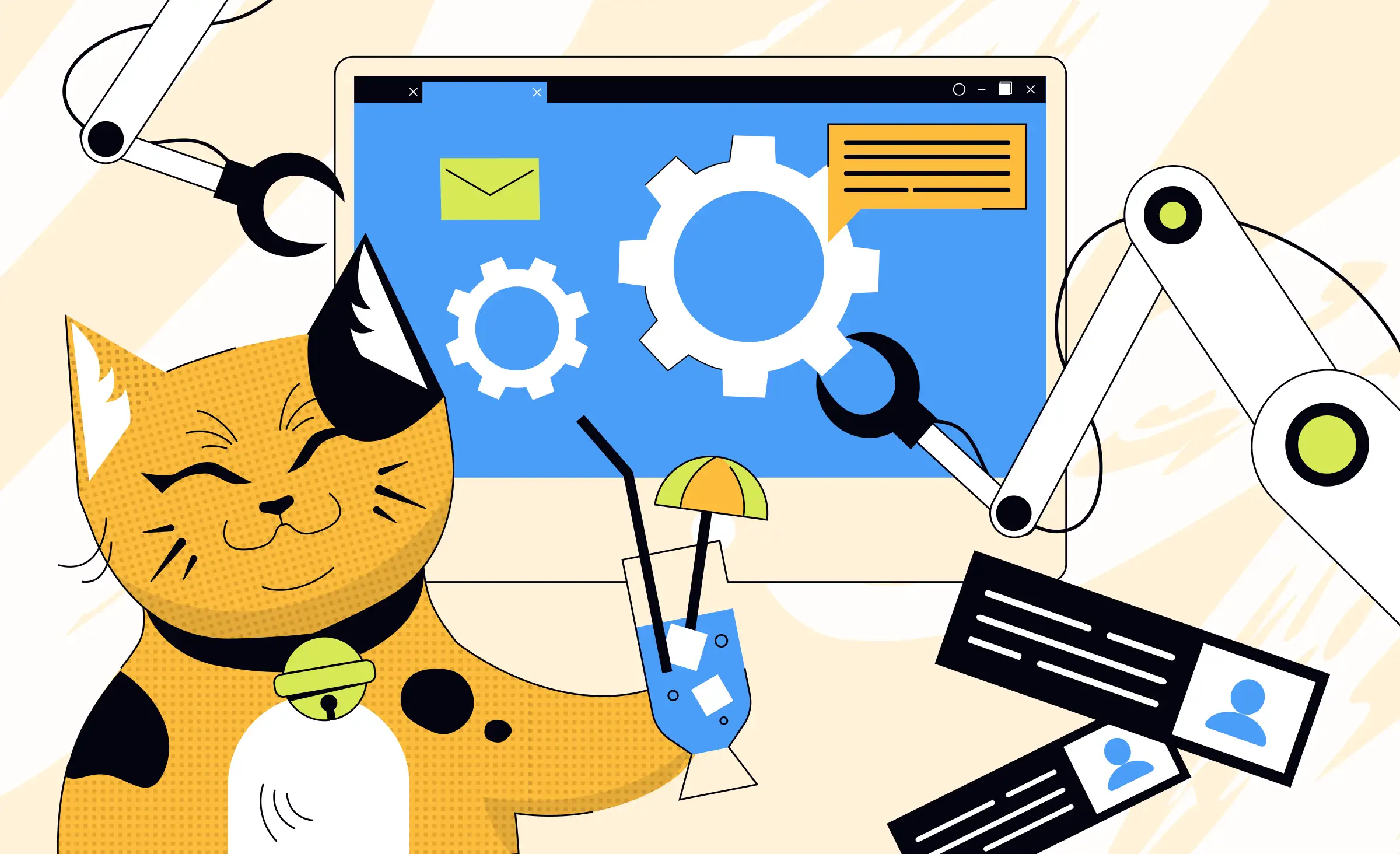 The cover features a&nbsp;content cat holding a&nbsp;cocktail. in&nbsp;the&nbsp;background, on a&nbsp;desktop screen, elements are being assembled by robot claws. This symbolizes that people can relax while some processes are handled automatically, highlighting the&nbsp;concept of&nbsp;automating IT operations.