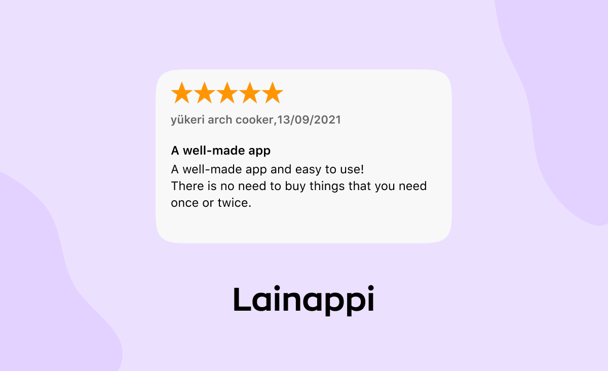 Five-star App Store review of the Lainappi app built by Ronas IT
