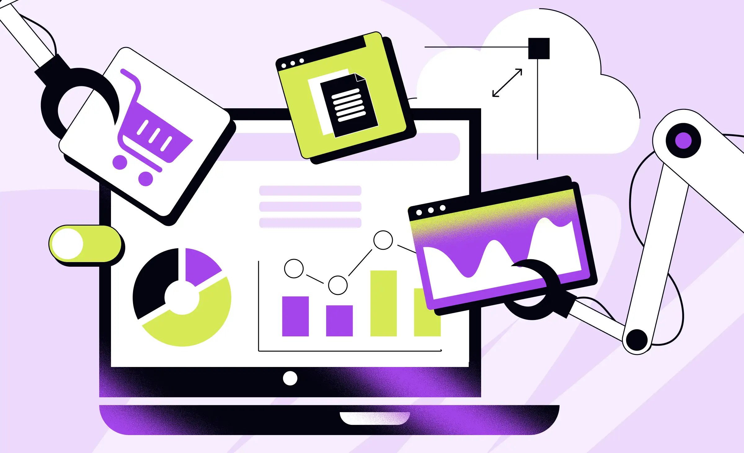 Abstract illustration of a laptop displaying charts and graphs, with robotic arms connecting different business system icons like ecommerce, documents, analytics, and cloud technology, symbolizing integration beyond ERP for a unified digital ecosystem.