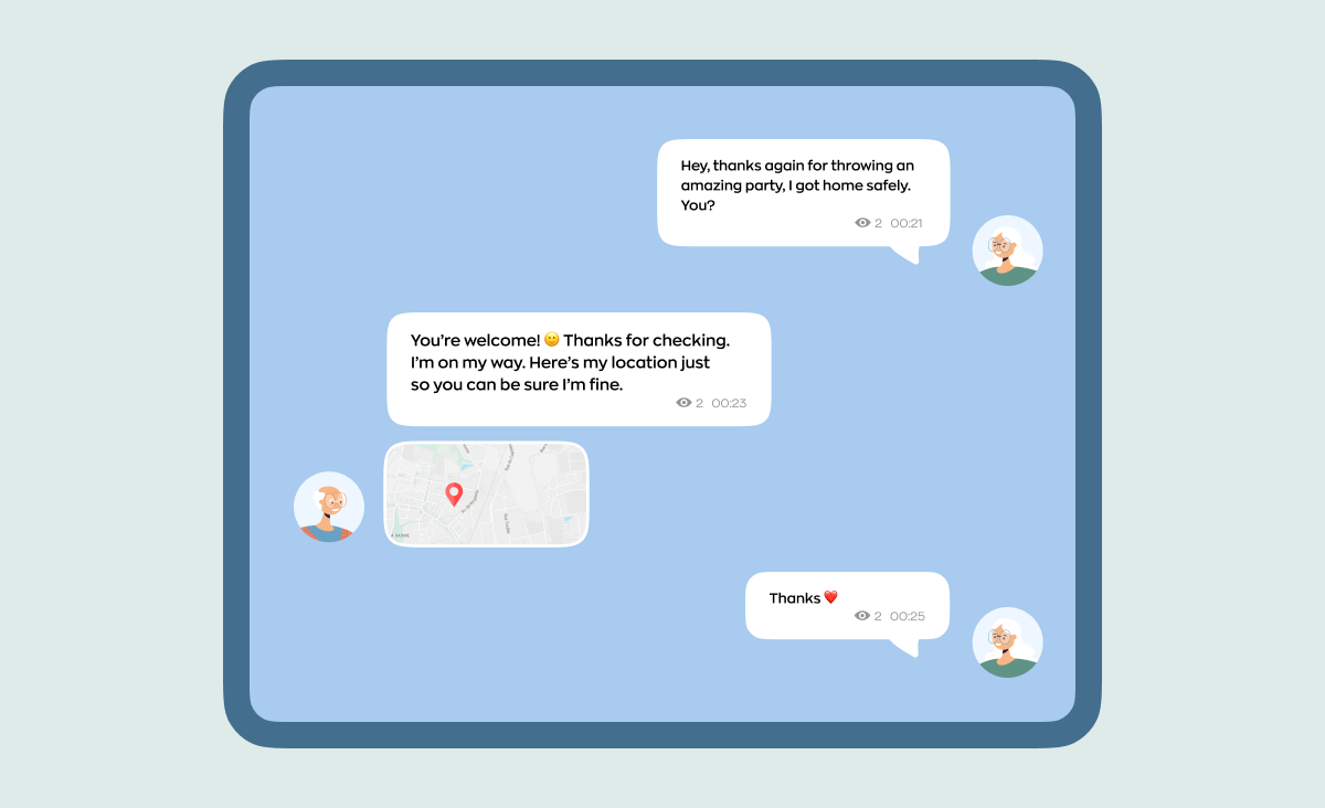 Chat screen mockup where one person shares a map location, with read receipts on each message