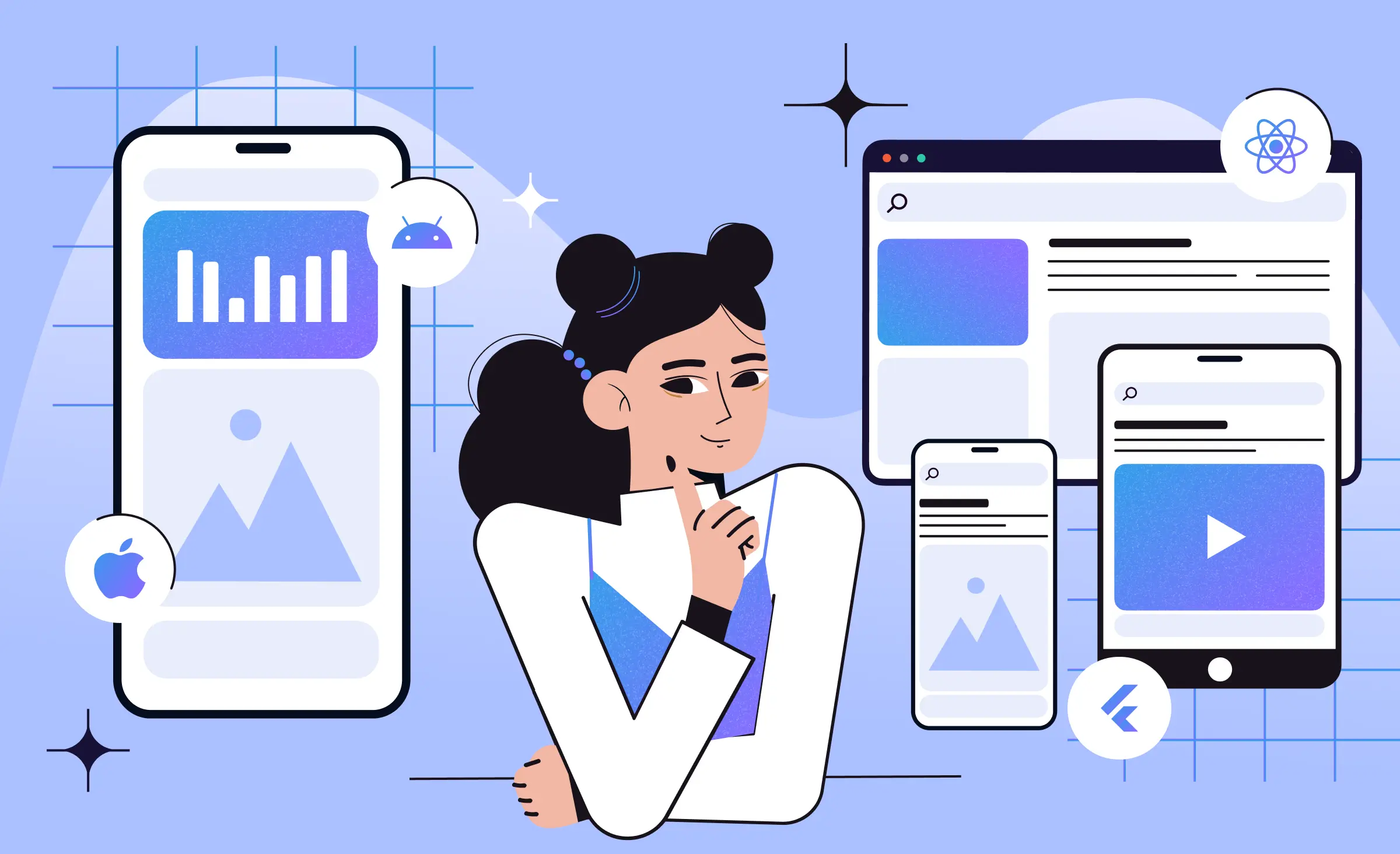 The cover of&nbsp;the article features a&nbsp;girl with a&nbsp;mobile phone screen to&nbsp;her left, surrounded by iOS and Android platform logos. to&nbsp;her right, there are interfaces of&nbsp;different devices: a&nbsp;tablet, a&nbsp;desktop, and a&nbsp;mobile phone, along with Flutter and React Native logos, symbolizing cross-platform development capabilities. the&nbsp;girl rests a&nbsp;finger on her chin, a&nbsp;gesture of&nbsp;contemplation, as she ponders which approach to&nbsp;building a&nbsp;mobile app is best to&nbsp;choose.