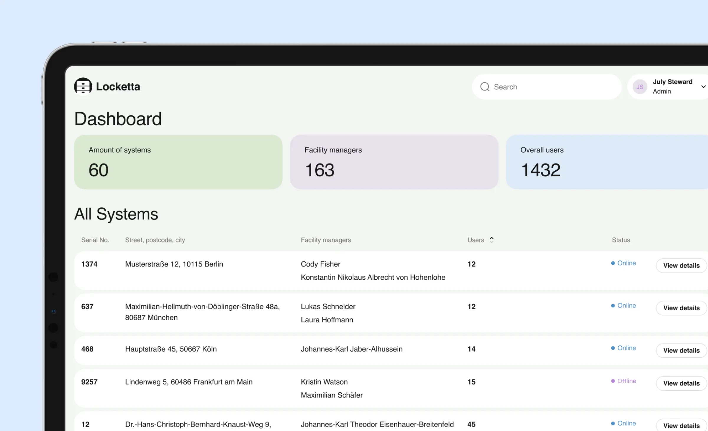 Web dashboard of an admin platform for a european retailer’s locker network, built with composable architecture for e-commerce, showing real-time system statistics, user management tools, and cloud-based features supporting omnichannel shopping and scalable operations.