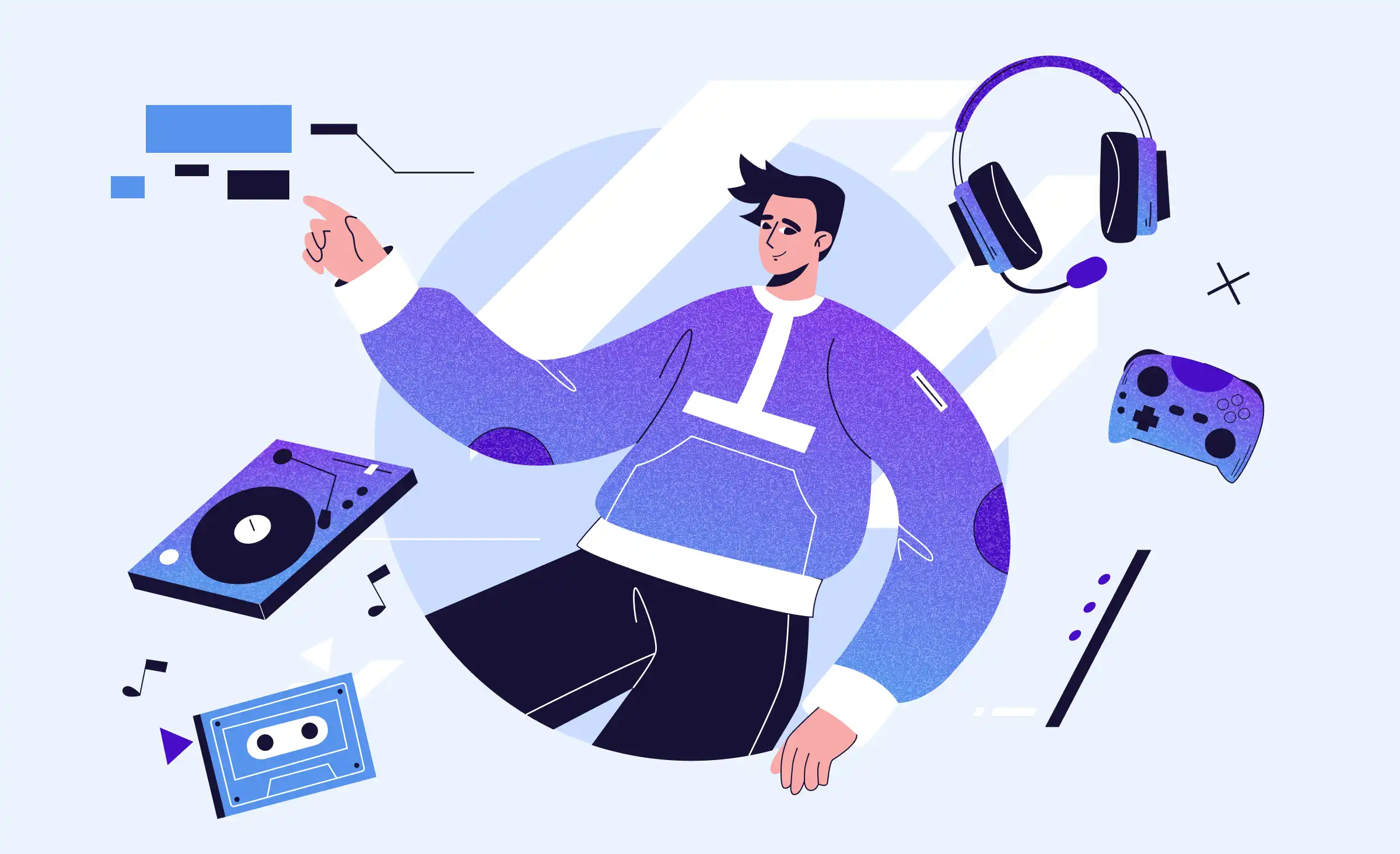 The cover depicts the&nbsp;article content dedicated to&nbsp;media and entertainment software development. in&nbsp;the&nbsp;picture, we see a&nbsp;young man pointing to&nbsp;the interface elements. Various items surround him, including headphones, a&nbsp;flute, a&nbsp;gaming controller, a&nbsp;phonograph, and a&nbsp;cassette.