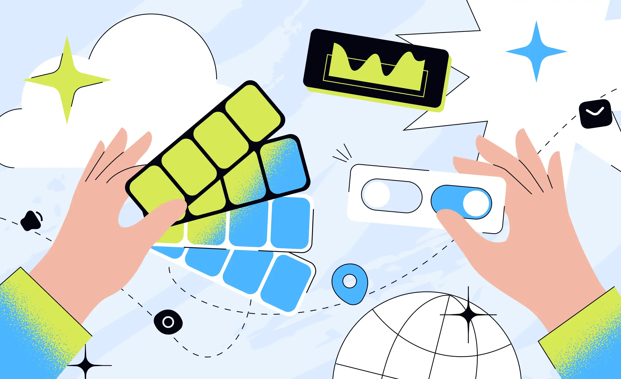 This illustration shows hands assembling interface elements like toggles and panels, representing how design systems for scale allow teams to rapidly build and customize digital products with reusable UI components.