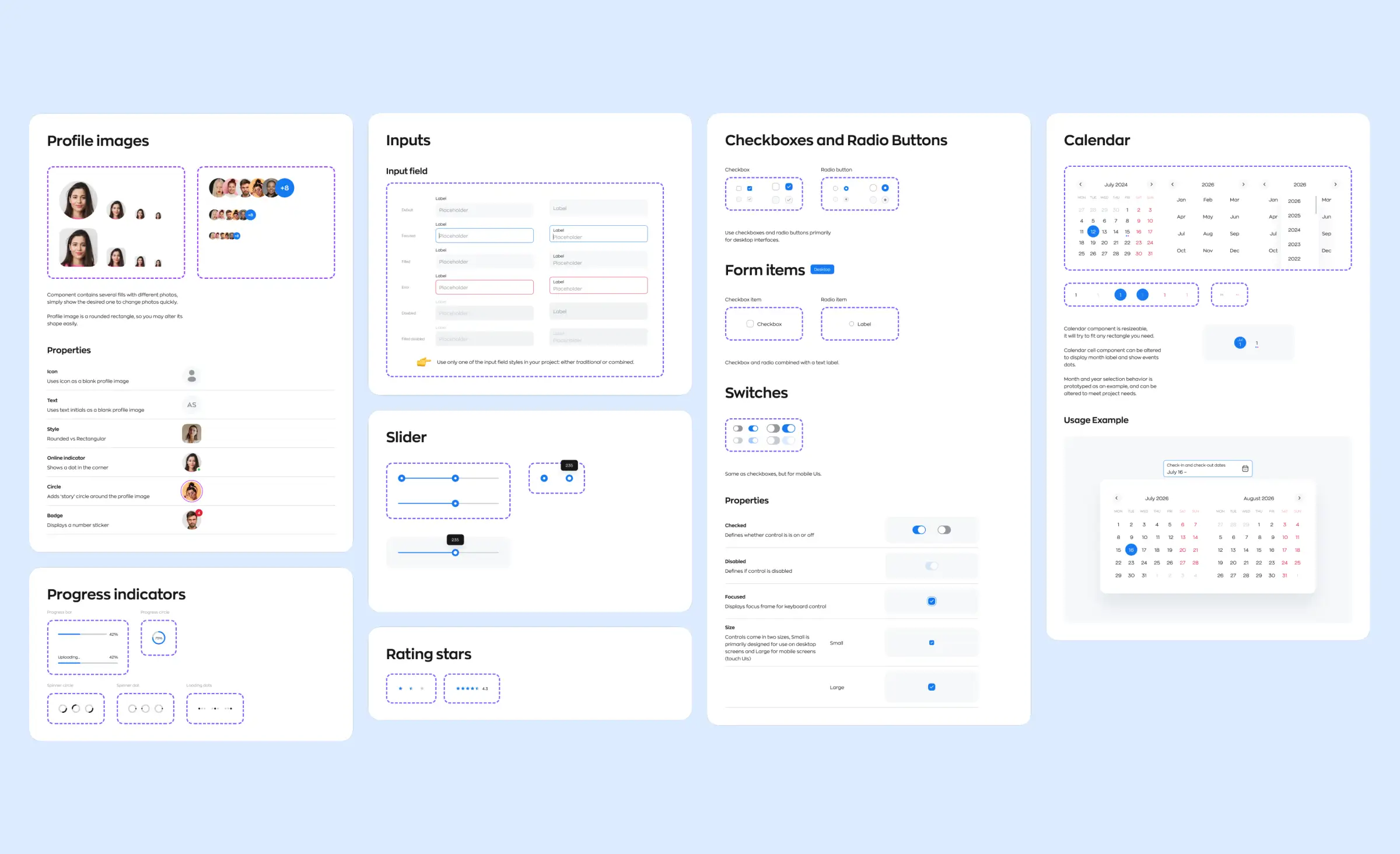 This image displays a detailed UI-kit with profile images, form fields, checkboxes, sliders, calendars, and progress indicators, highlighting how design systems for scale organize reusable components to ensure visual consistency and efficient development across digital products.