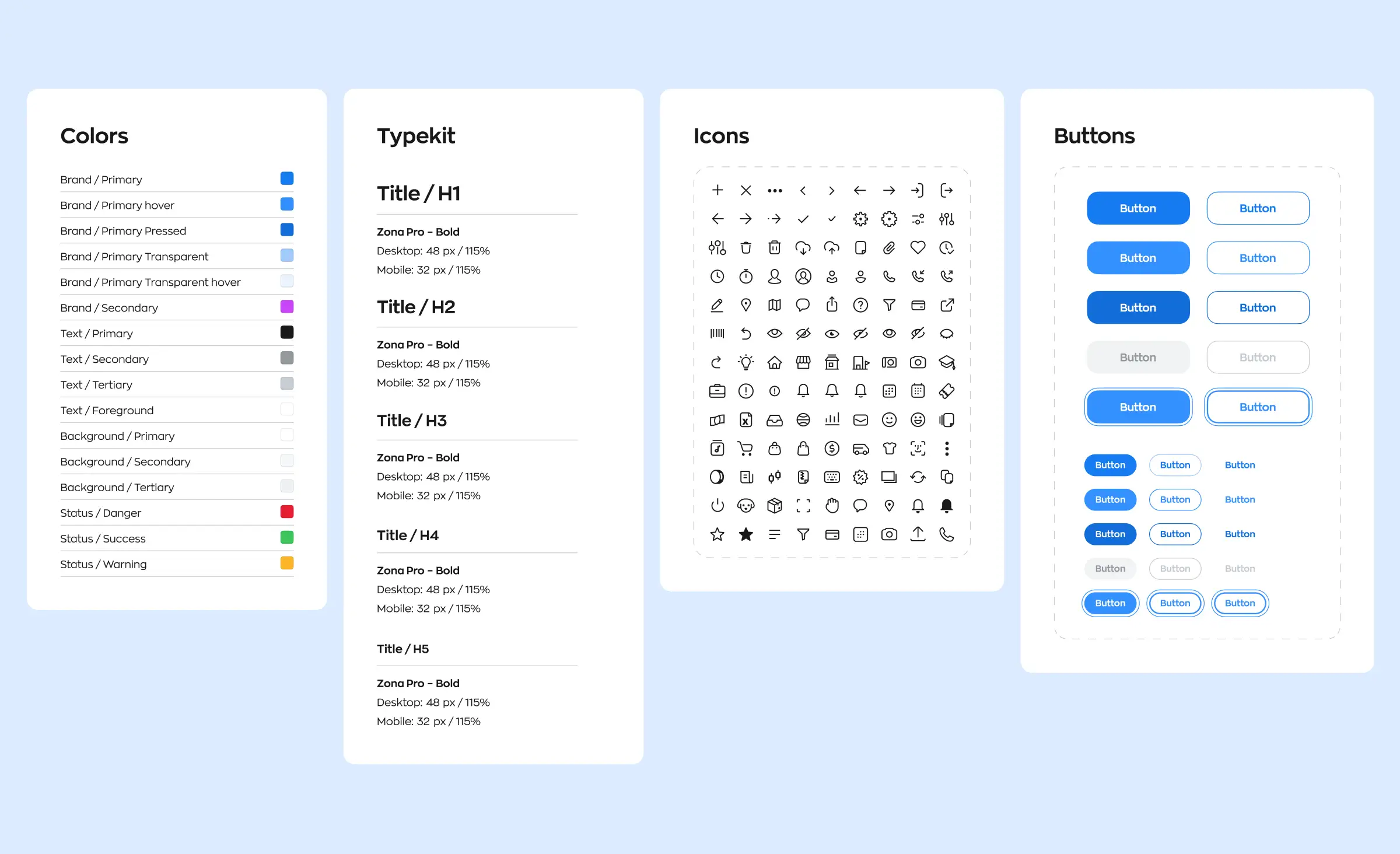 This image presents a set of design components including color palettes, typekits, icon sets, and button styles, illustrating how design systems for scale create a unified visual language and streamline the development of consistent, scalable digital products.