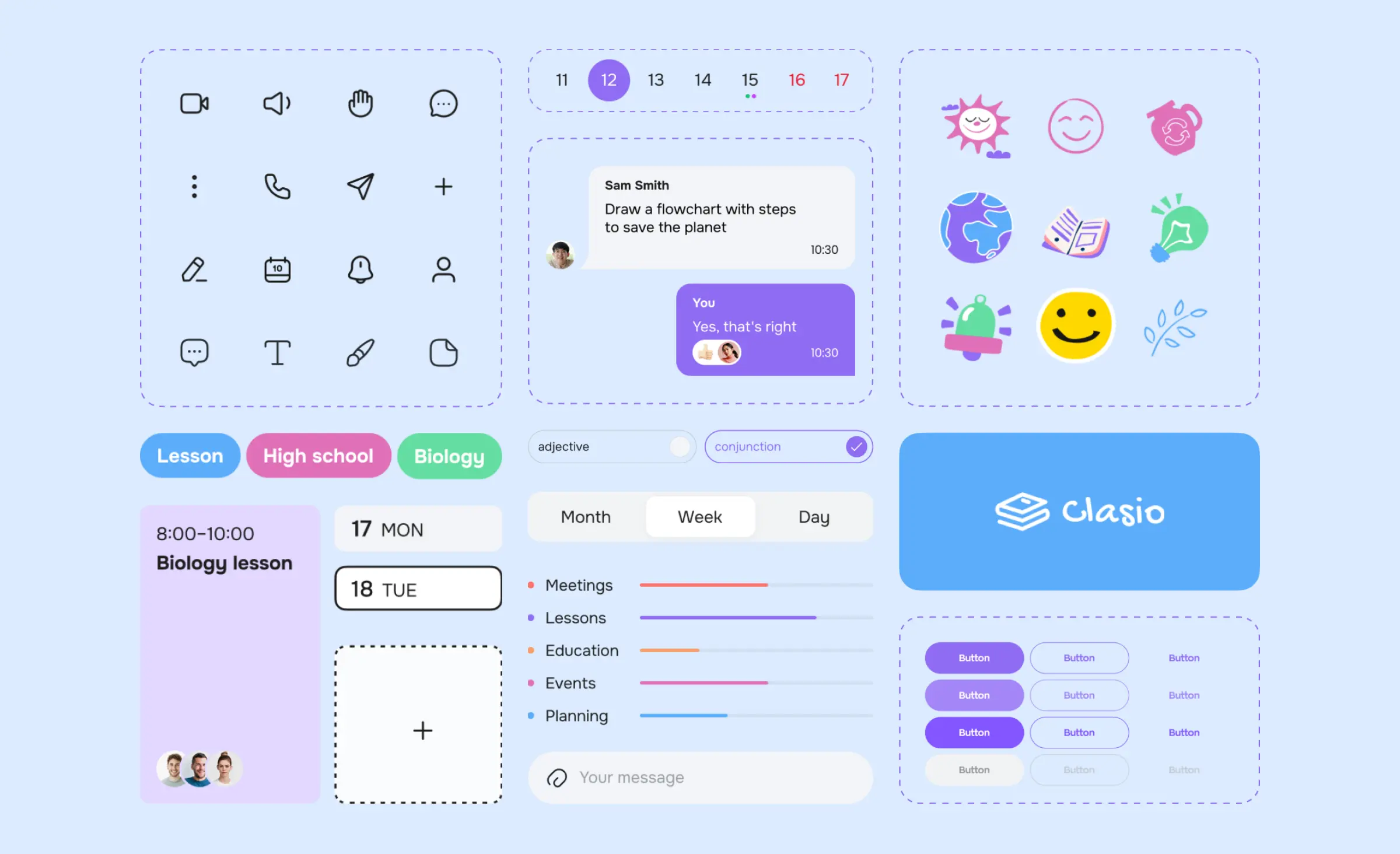 This image features a UI kit—including icons, messages, buttons, tags, schedule elements, and progress bars—demonstrating how design systems for scale organize and standardize interface building blocks for cohesive and efficient digital product development.