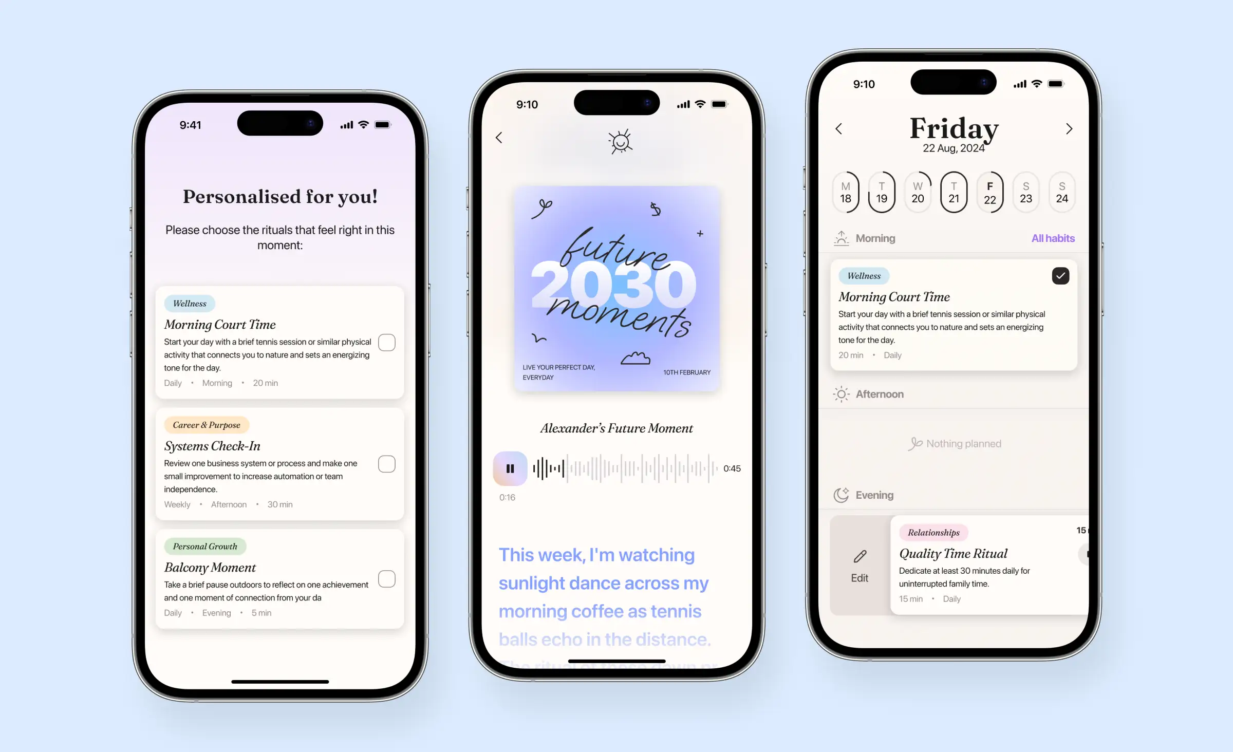 This image showcases a mobile app interface with personalized routines, audio journaling, and daily planning screens, illustrating how design systems for scale help deliver a cohesive and user-friendly experience in digital product design.