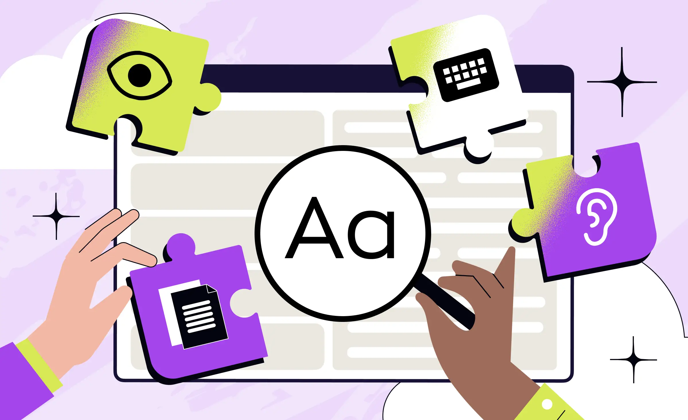 Illustration representing web accessibility WCAG compliance, showing puzzle pieces with icons for vision, hearing, keyboard navigation, and document accessibility around a large screen, with hands holding a magnifying glass focusing on text size.