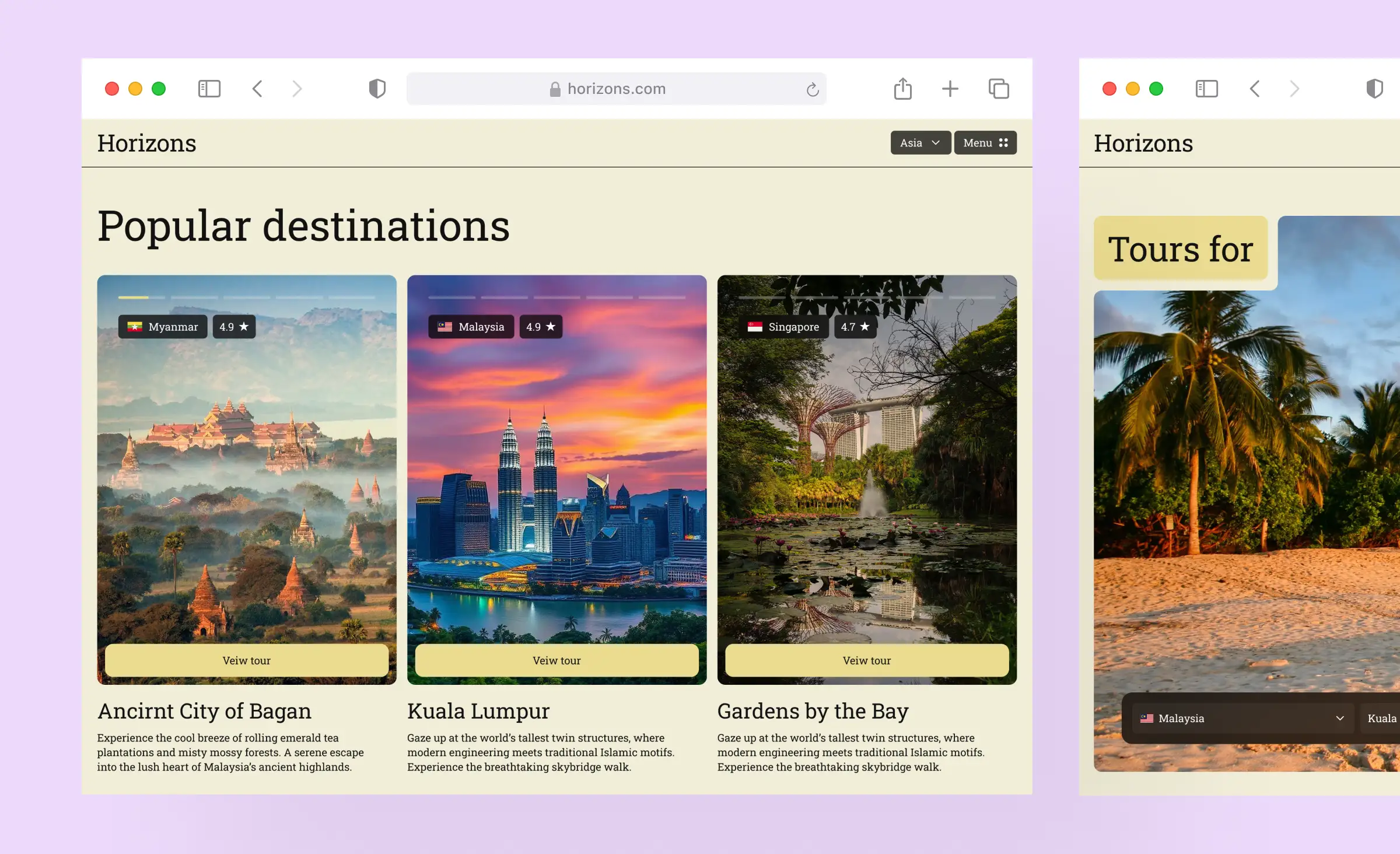Screenshot of a travel website with clearly readable headings, button labels, and destination names, demonstrating web accessibility WCAG compliance through the use of clear and descriptive text.