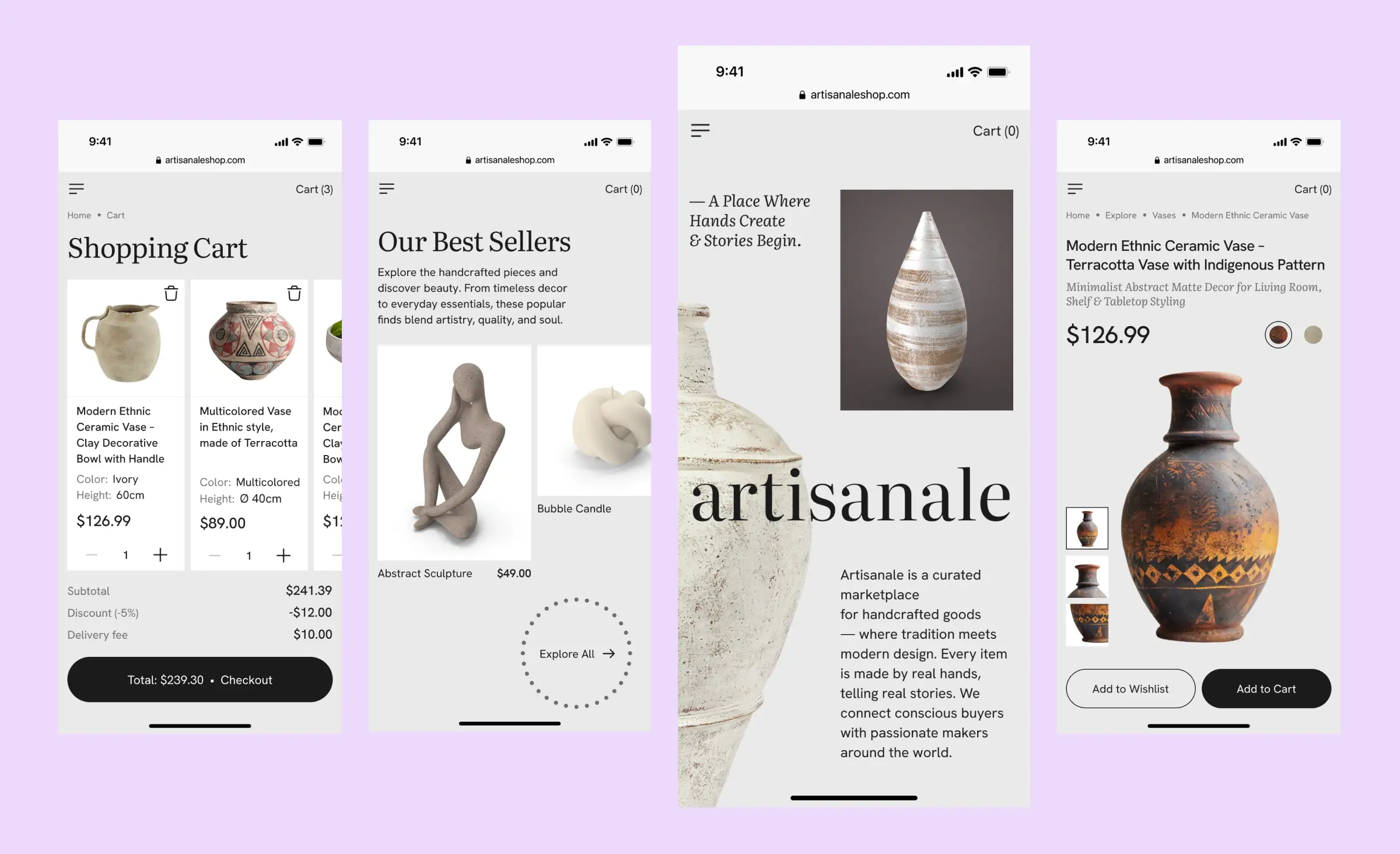 Screenshots of a responsive mobile shopping website displaying product images, clear headings, readable prices, and simple descriptions, demonstrating web accessibility WCAG compliance with clear text and adaptable layout.