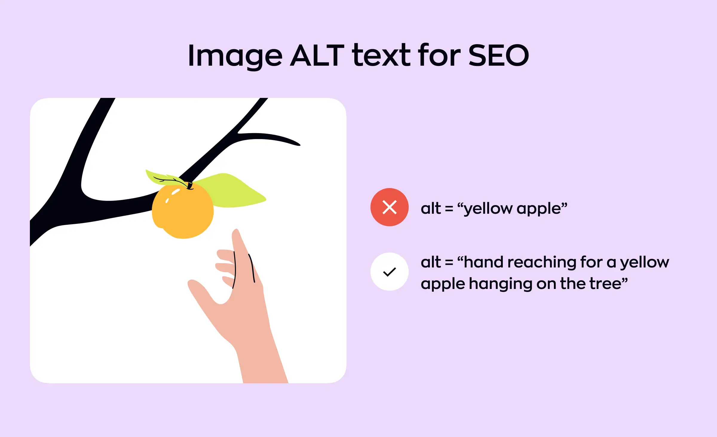 Illustration showing the difference between a poor and a good example of image ALT text for SEO: a hand reaching for a yellow apple on a tree, with a checkmark next to the detailed ALT text example and a cross next to the short ALT text, emphasizing best practices for web accessibility WCAG compliance.