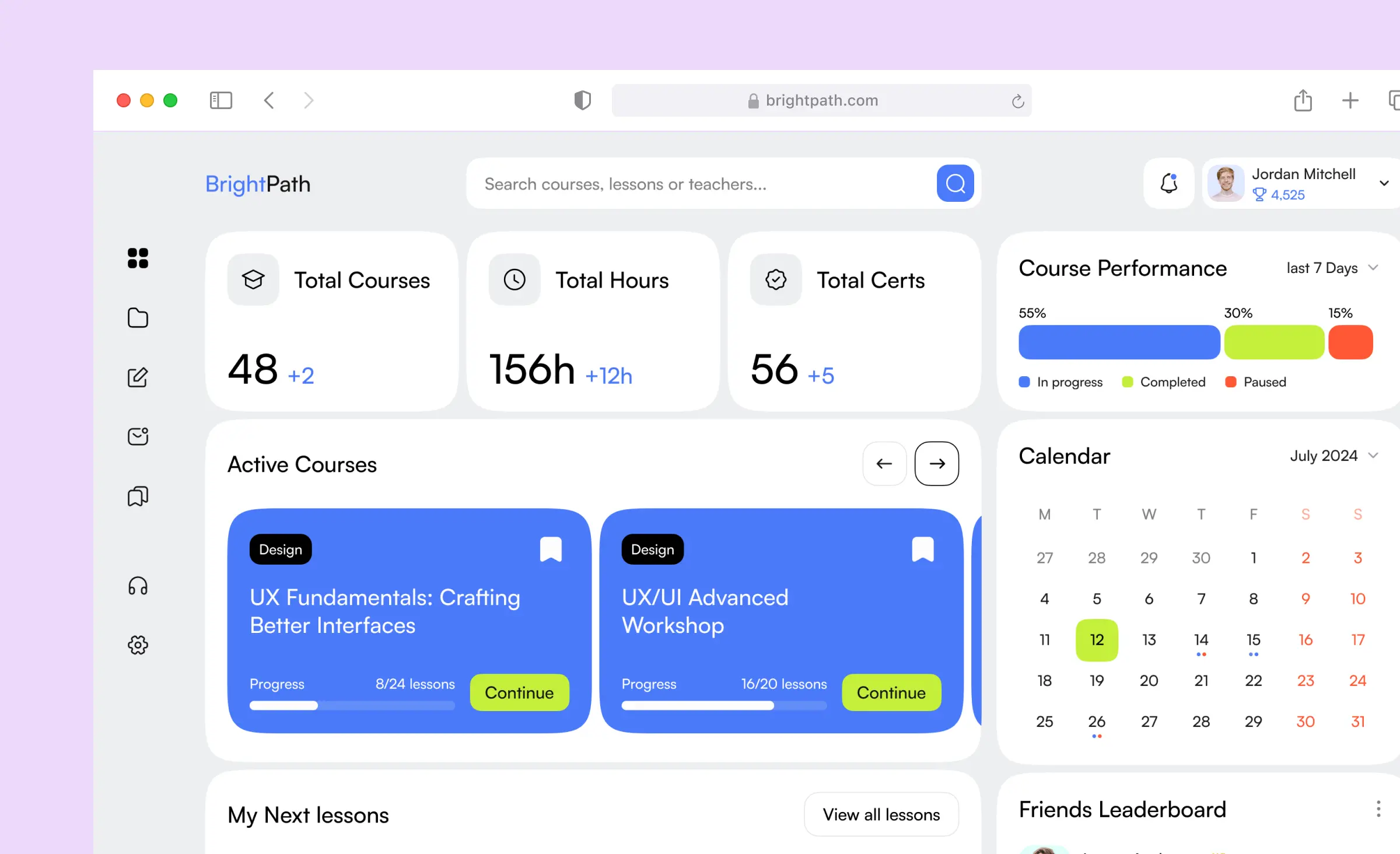 Screenshot of an education web platform dashboard with clear navigation, course statistics, progress bars, and a calendar. The interface demonstrates web accessibility WCAG compliance, designed for the European market by Ronas IT.