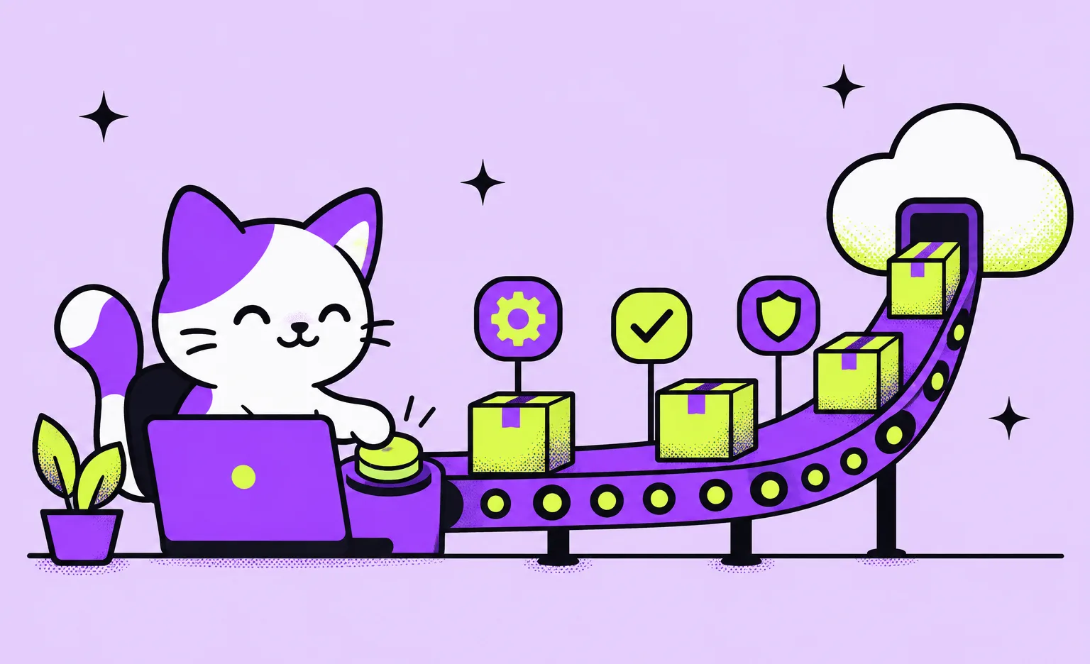 The Ronas IT cat mascot presses a button by a laptop, and a conveyor belt carries boxes past gear, check, and shield icons into a cloud