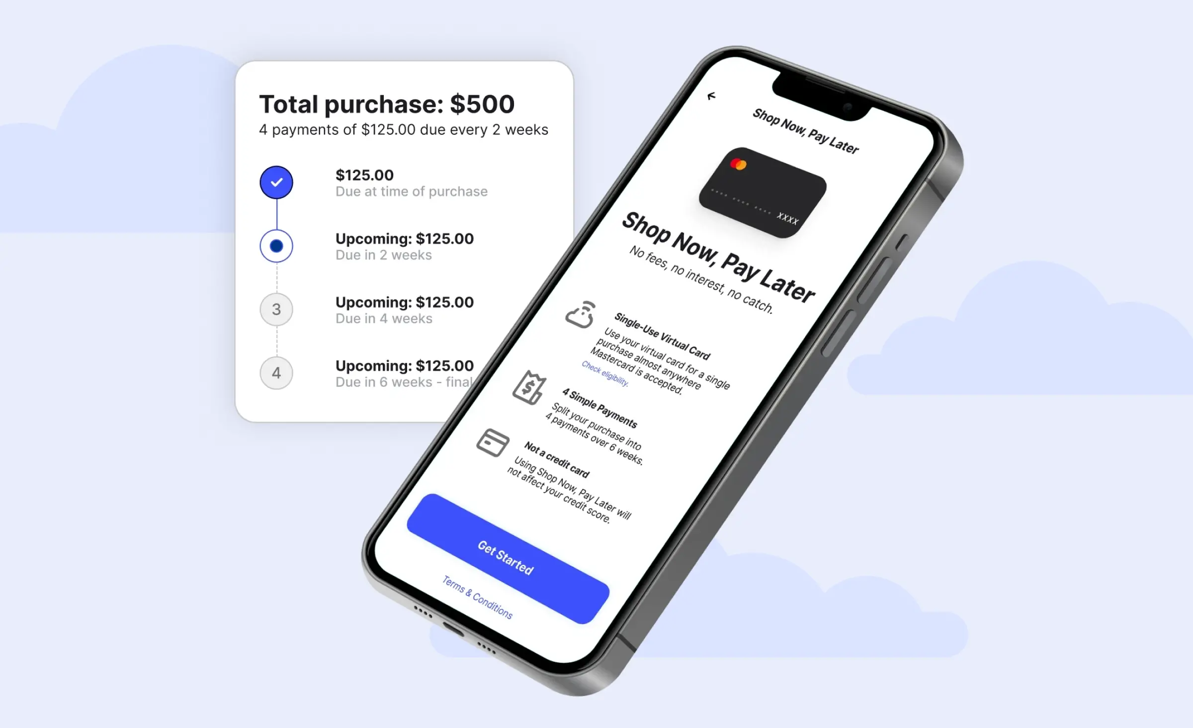 "Buy now, pay later" feature on a smartphone screen, showing installment payments at checkout