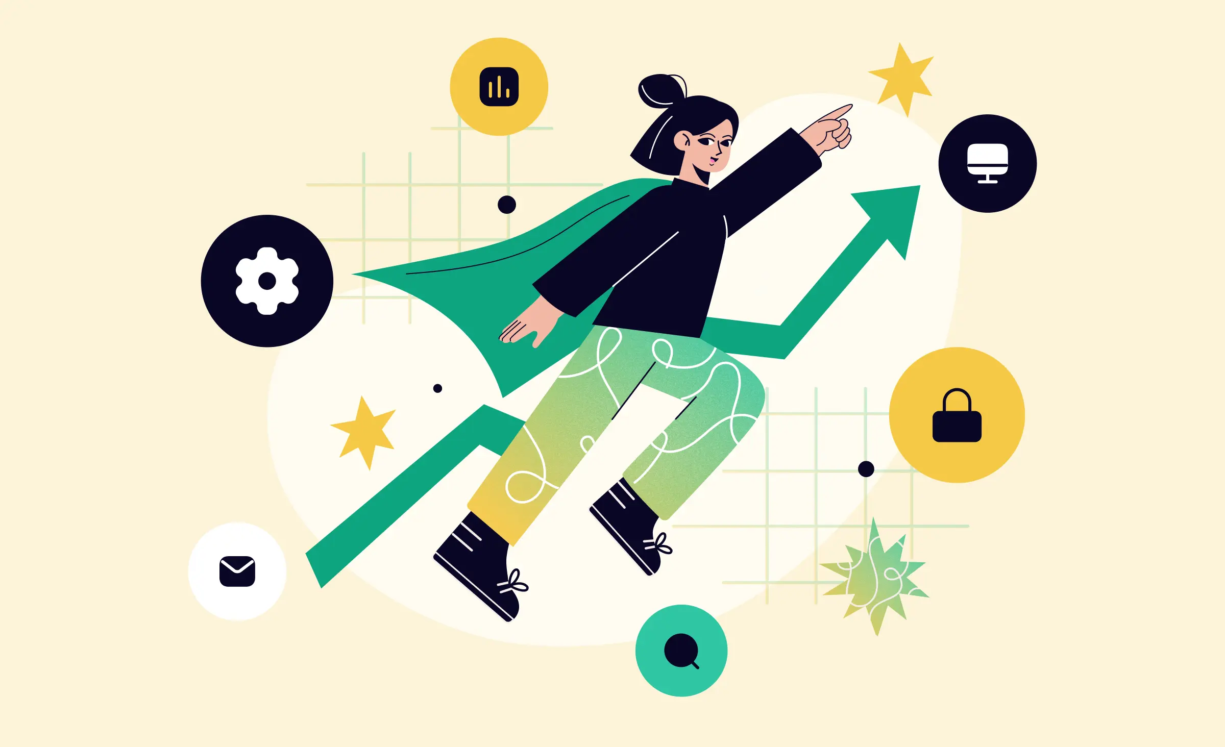 The cover of&nbsp;the article features a&nbsp;woman with a&nbsp;superhero cape flying parallel to&nbsp;an ascending graph scale. Surrounding her are icons representing different aspects of&nbsp;business. the&nbsp;image signifies how enterprise application integration software helps improve business metrics.