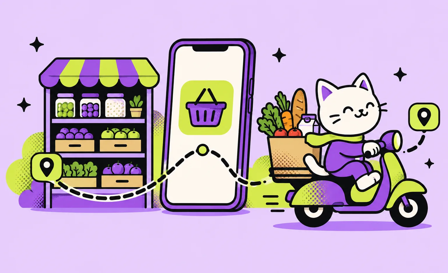 The Ronas IT cat mascot rides a scooter with a grocery bag, beside a phone with a basket icon and a store shelf linked by a dashed route