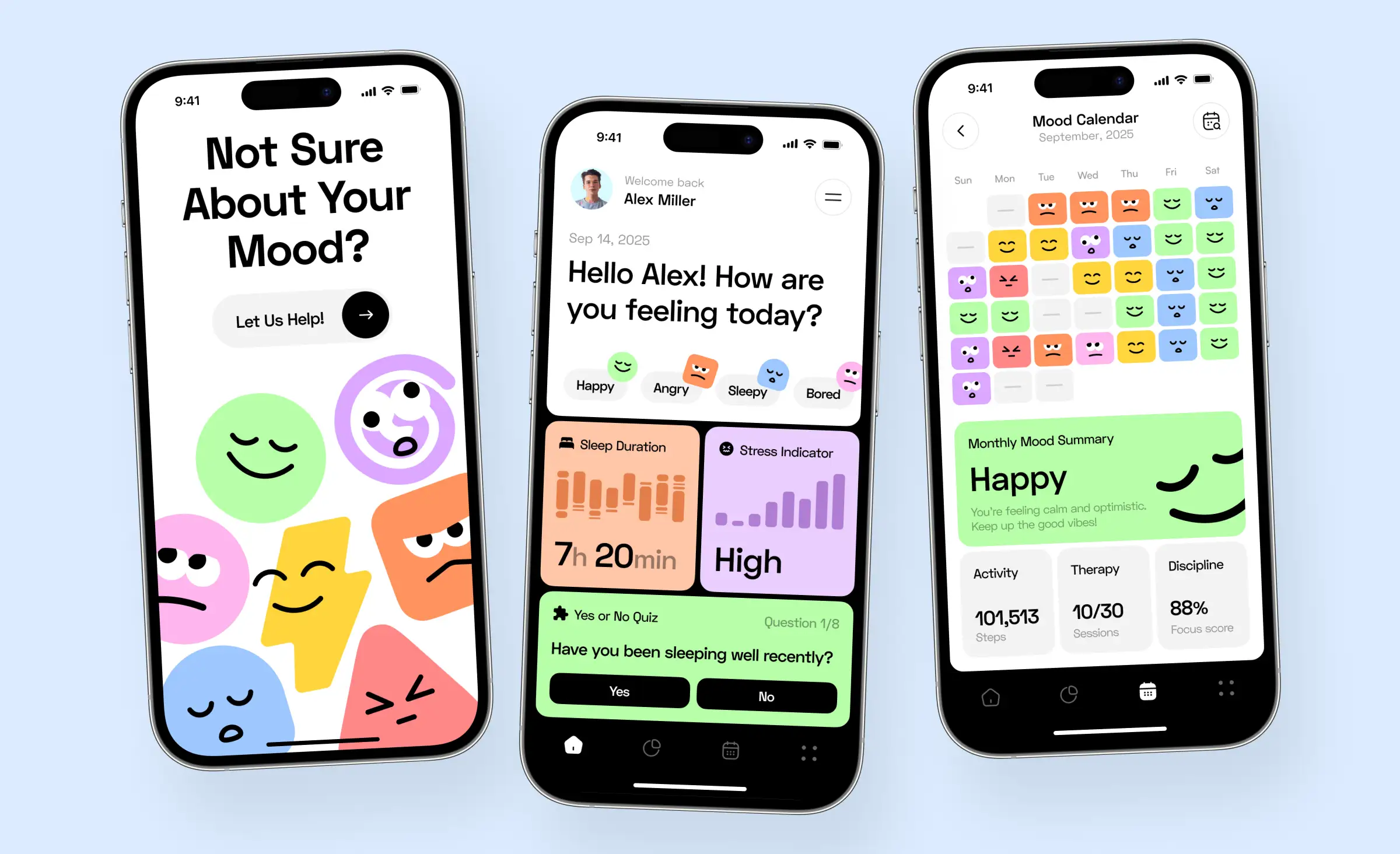 This image displays a vibrant mood tracking mobile app, featuring tools to assess emotional state, sleep duration, stress indicators, and a monthly mood calendar. Such healthcare software must manage and protect users’ sensitive personal records responsibly. HIPAA vs UK healthcare laws are crucial in defining how psychological health information is collected, safeguarded, and shared within apps like this, ensuring compliance both in the United States and the United Kingdom for the privacy and security of user data.