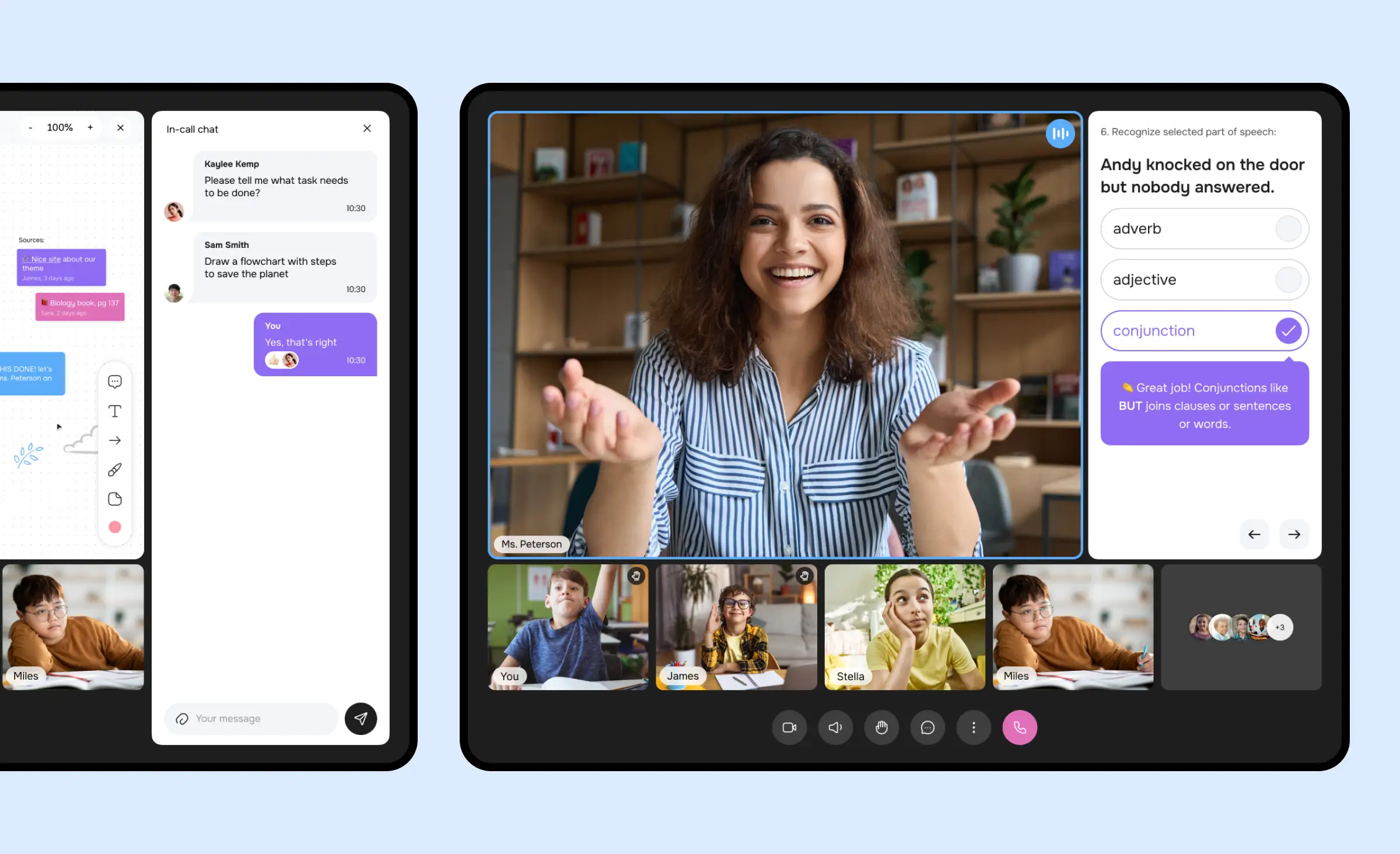 This image shows a virtual classroom app with video conferencing, real-time chat, collaborative whiteboard, and interactive quizzes for students and teachers. As educational platforms increasingly collect personal data, HIPAA vs UK healthcare laws become important considerations—especially if the app supports wellness education or stores any student health-related information. Complying with these regulations ensures that privacy and data protection standards are maintained, whether the platform is used in the United States or the United Kingdom.