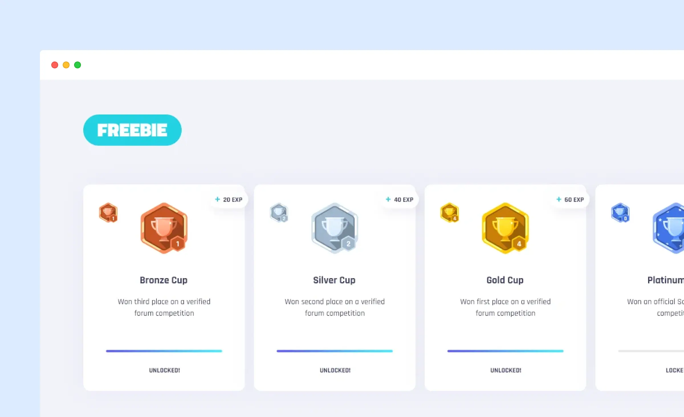 This image shows a reward system with digital trophies and experience points for different achievements, which is a great example of how gamification user retention apps use badges and competitions to keep users motivated and engaged.
