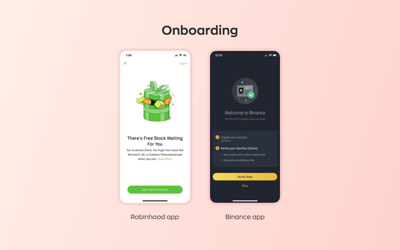 Onboarding screens from earlier versions of the Robinhood and Binance apps, with Binance offering a two-minute identity verification step
