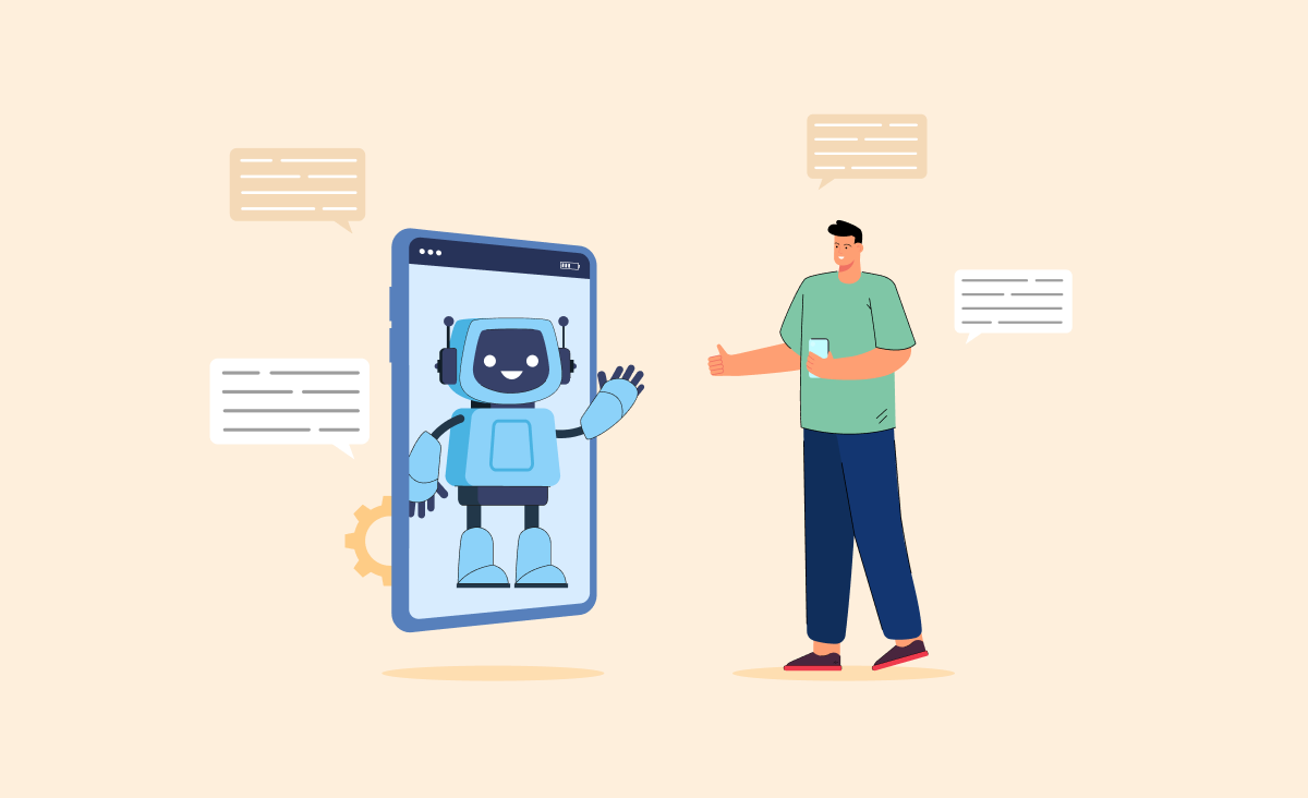 The cover reflects the&nbsp;title of&nbsp;the article "how to&nbsp;build an MVP" and its content - the&nbsp;article discusses, among other things, how generative AI helps in&nbsp;planning MVPs. the&nbsp;cover image features a&nbsp;man standing in&nbsp;front of&nbsp;a mobile phone screen. On the&nbsp;screen is an Android symbolizing ChatGPT. They are communicating with each other.