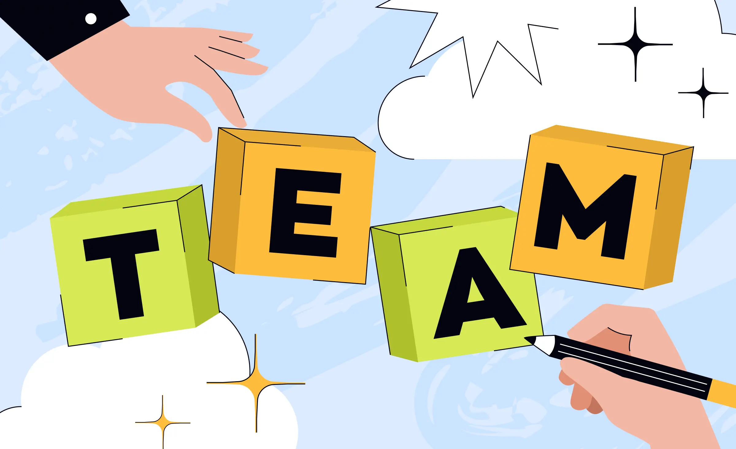 Illustrated hands assembling colorful blocks that spell out TEAM, symbolizing collaboration and teamwork, as in building a dedicated software development team.